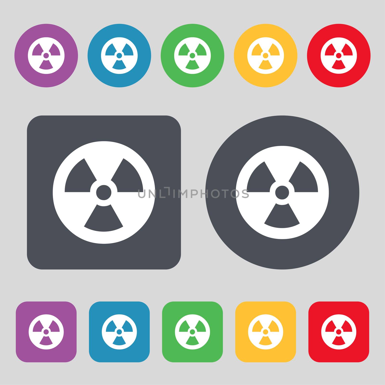 radiation icon sign. A set of 12 colored buttons. Flat design. illustration