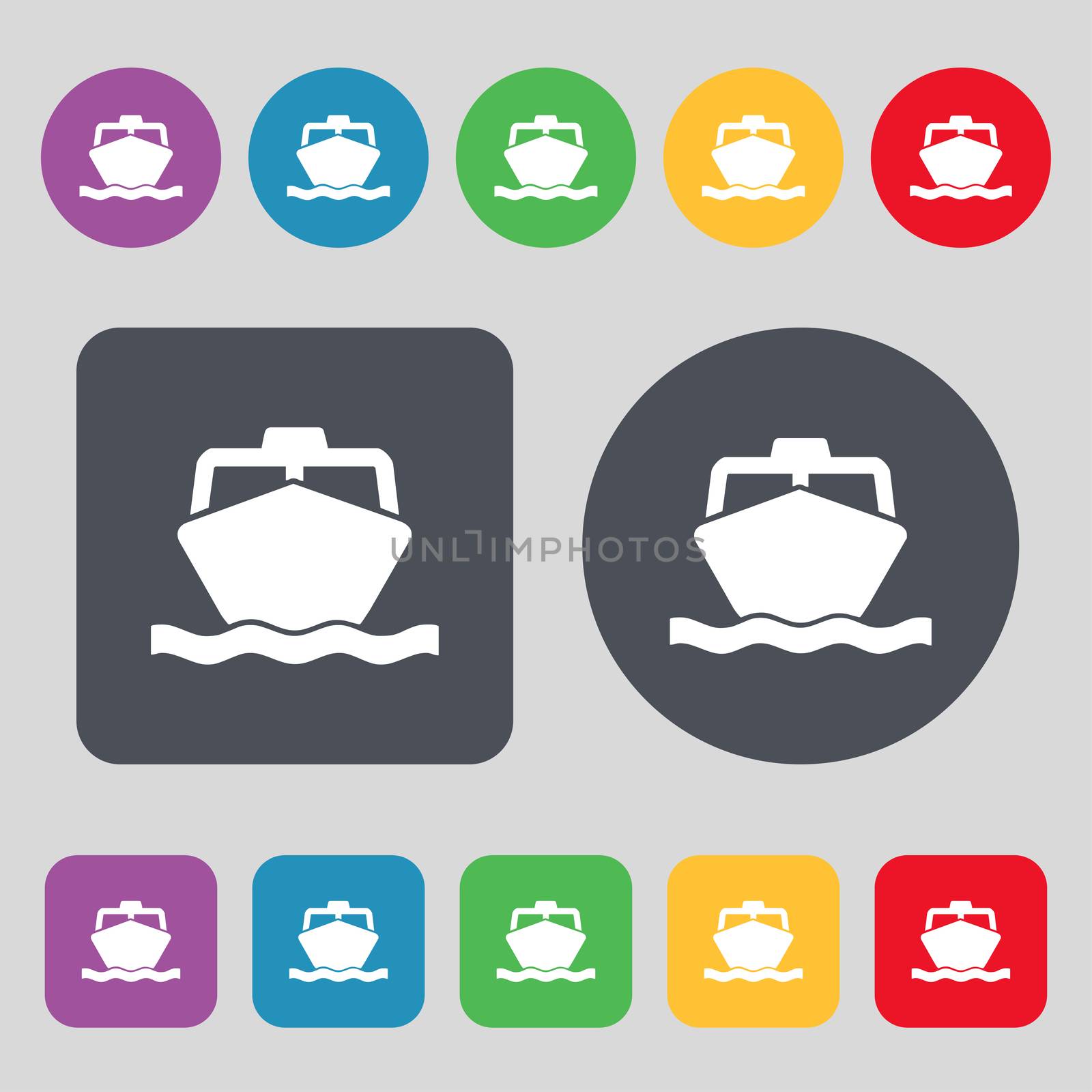 the boat icon sign. A set of 12 colored buttons. Flat design. illustration