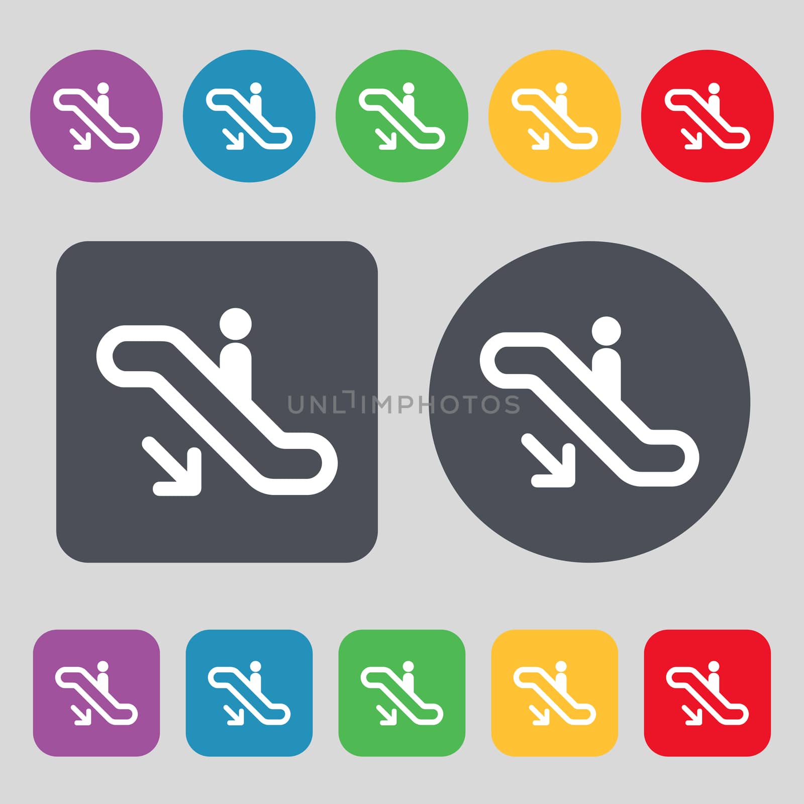 elevator, Escalator, Staircase icon sign. A set of 12 colored buttons. Flat design.  by serhii_lohvyniuk