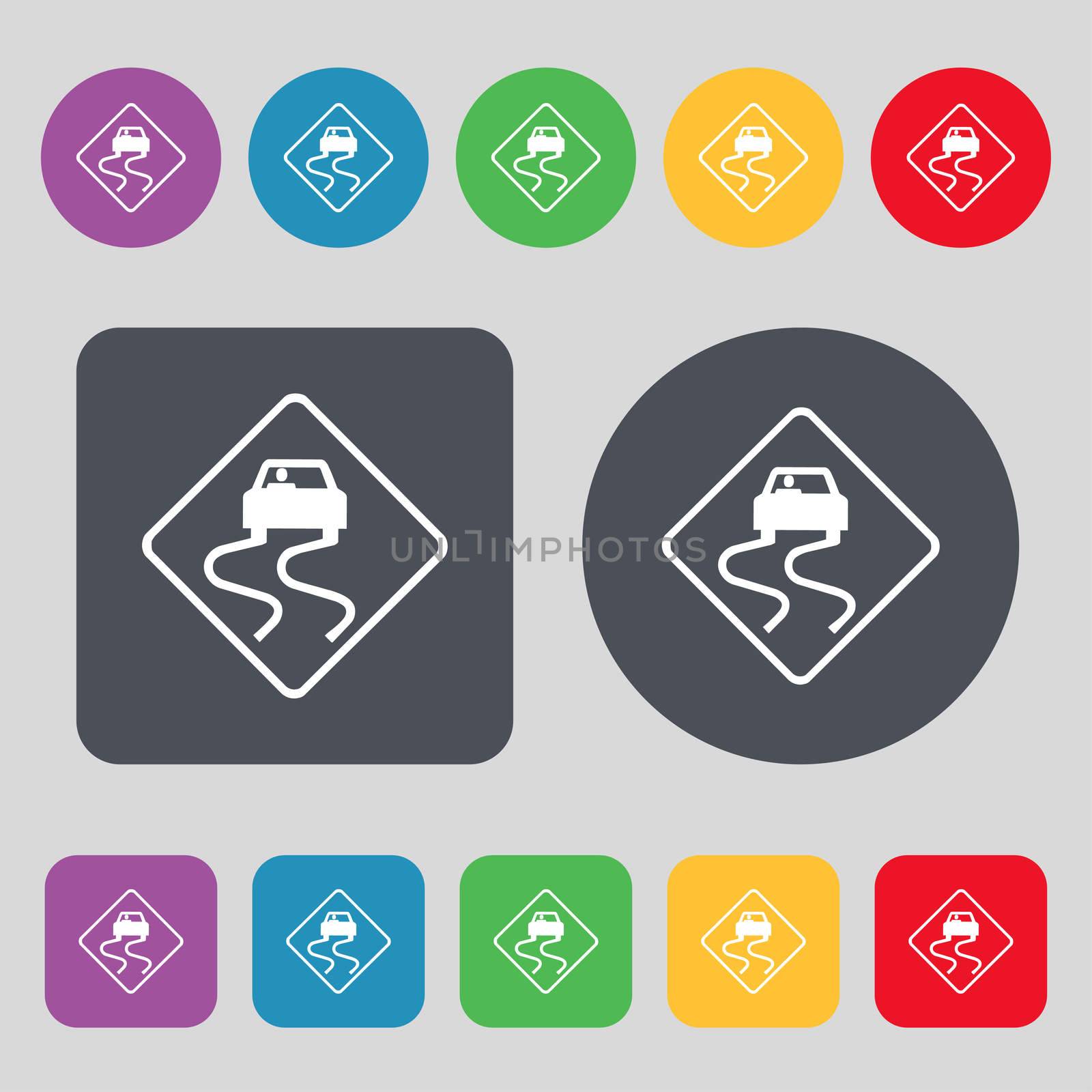 Road slippery icon sign. A set of 12 colored buttons. Flat design.  by serhii_lohvyniuk