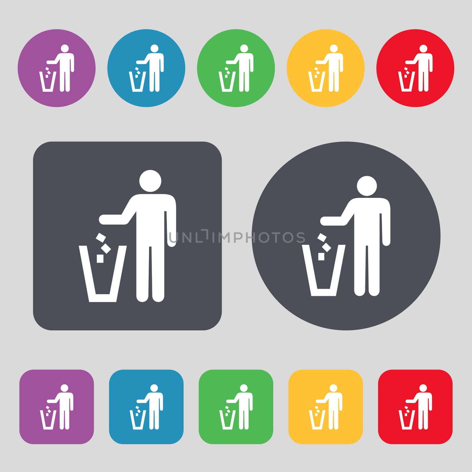 throw away the trash icon sign. A set of 12 colored buttons. Flat design. illustration
