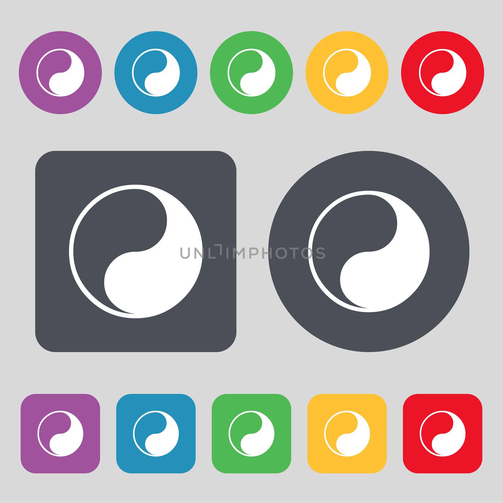 Yin Yang icon sign. A set of 12 colored buttons. Flat design.  by serhii_lohvyniuk