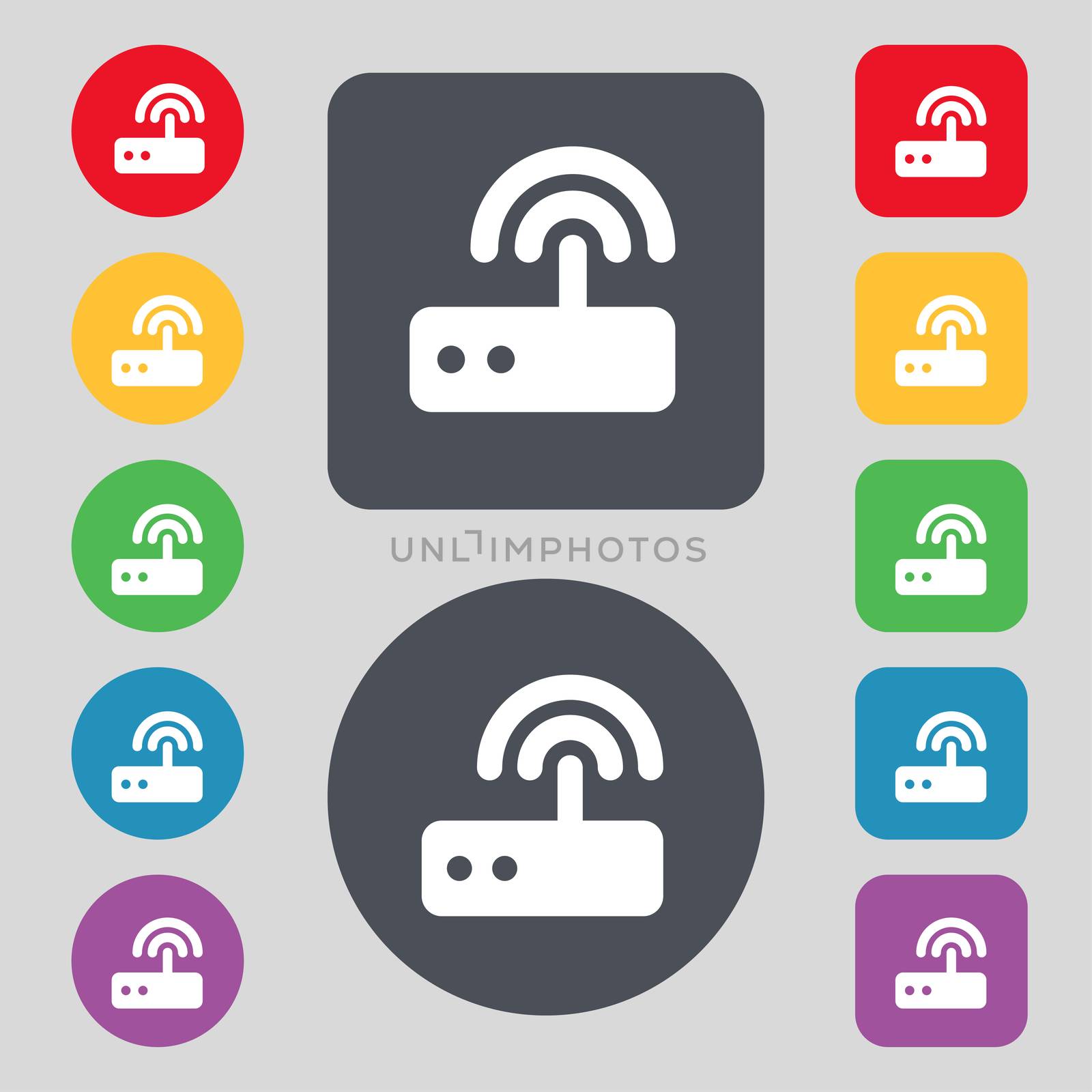 Wi fi router icon sign. A set of 12 colored buttons. Flat design. illustration