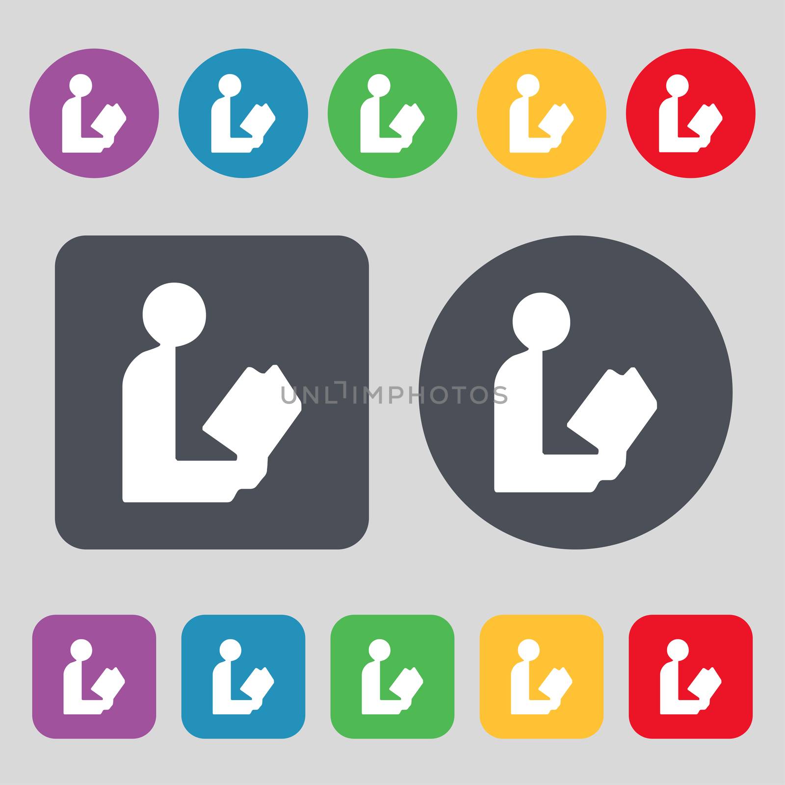 read a book icon sign. A set of 12 colored buttons. Flat design. illustration