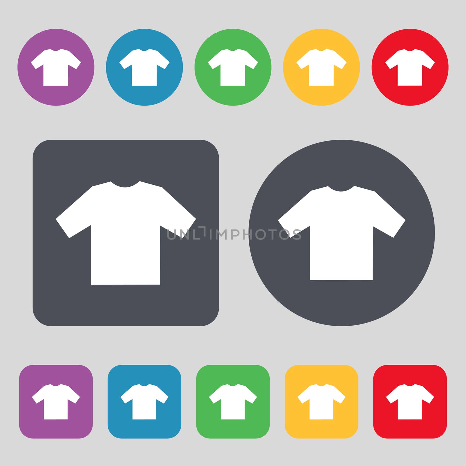 t-shirt icon sign. A set of 12 colored buttons. Flat design. illustration