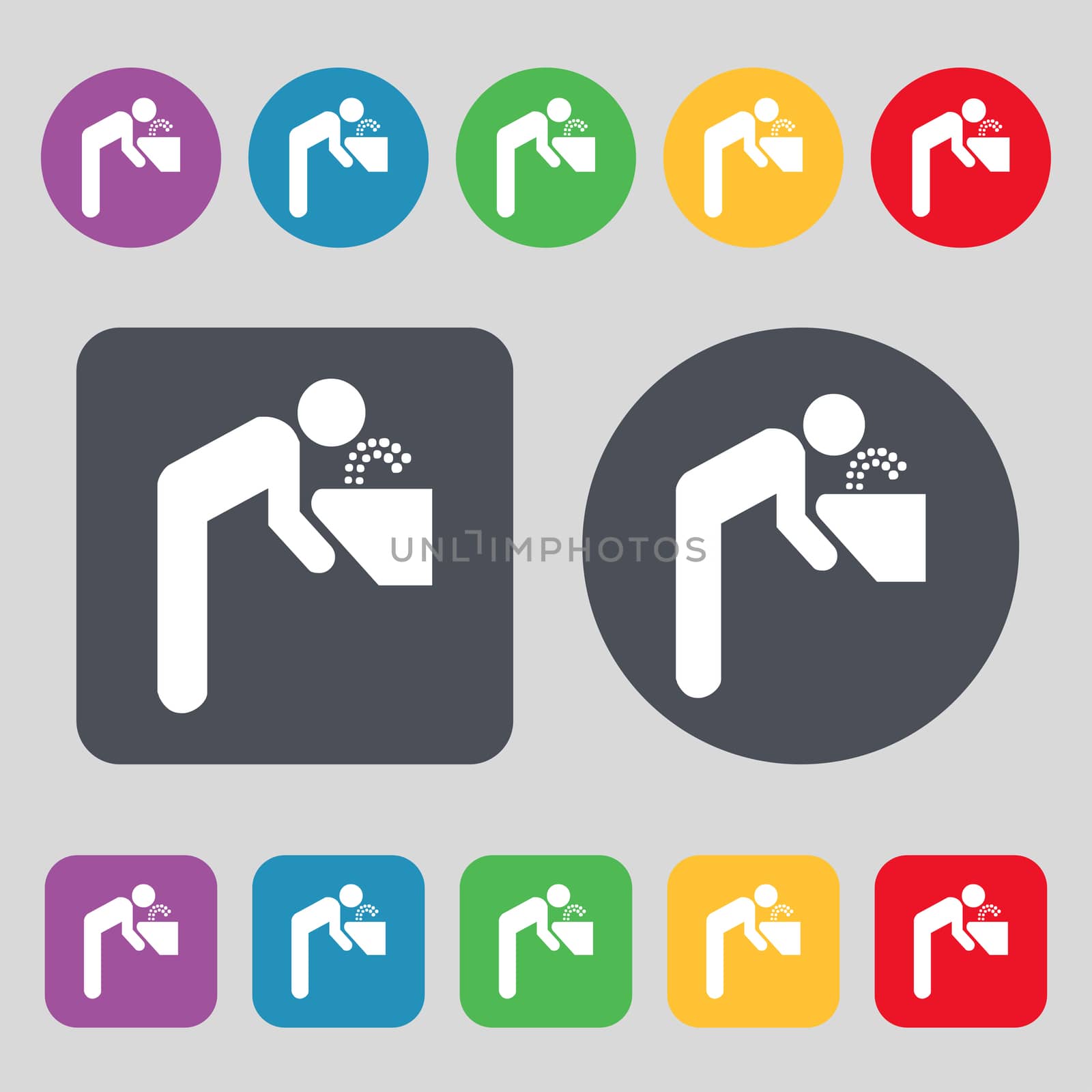 drinking fountain icon sign. A set of 12 colored buttons. Flat design.  by serhii_lohvyniuk