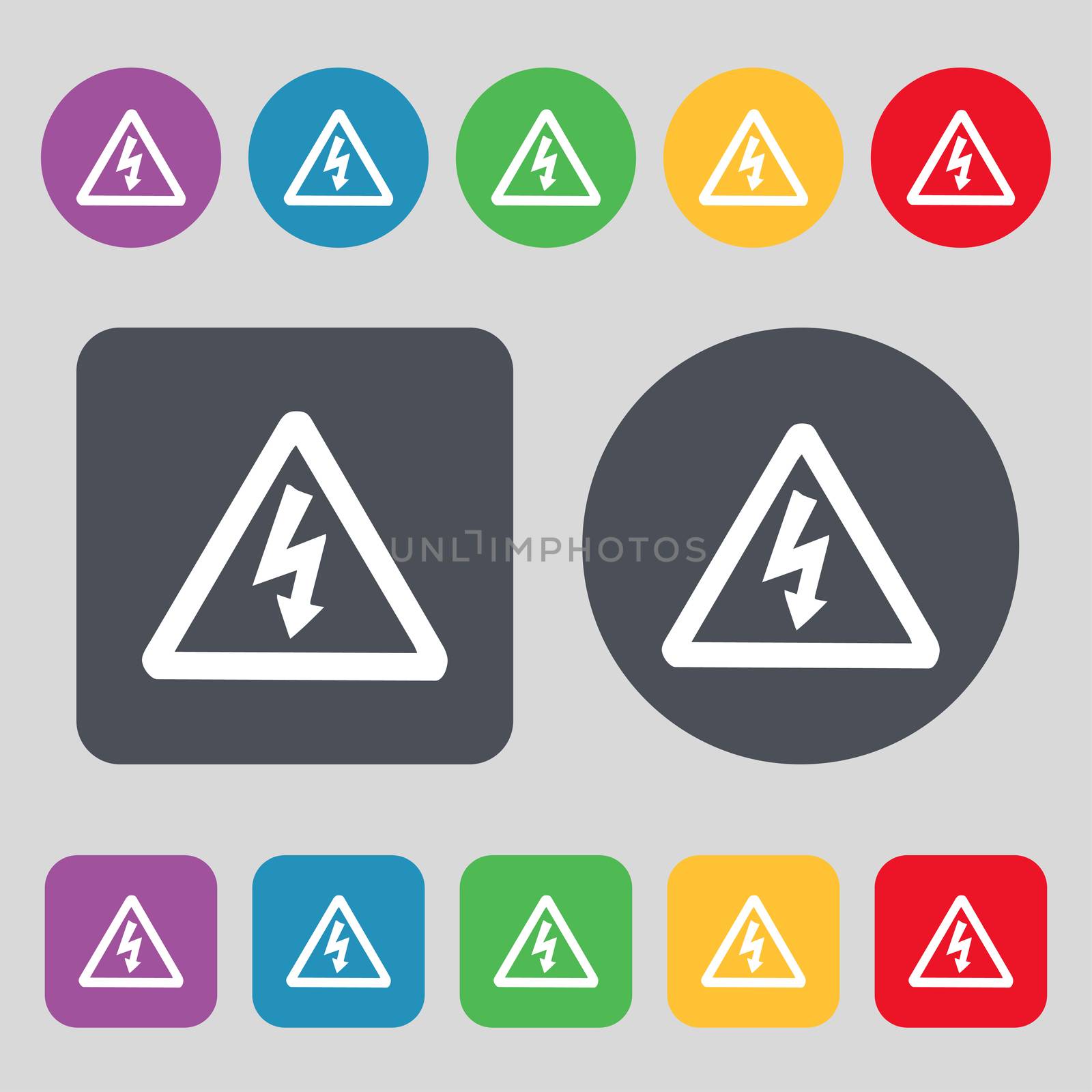 voltage icon sign. A set of 12 colored buttons. Flat design.  by serhii_lohvyniuk