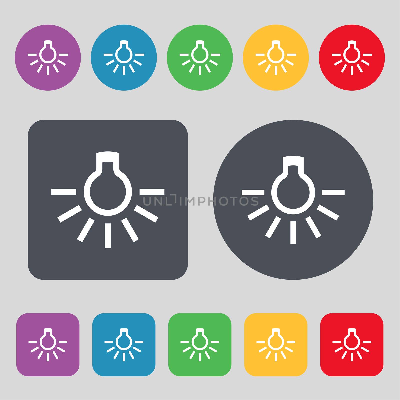 light bulb icon sign. A set of 12 colored buttons. Flat design.  by serhii_lohvyniuk
