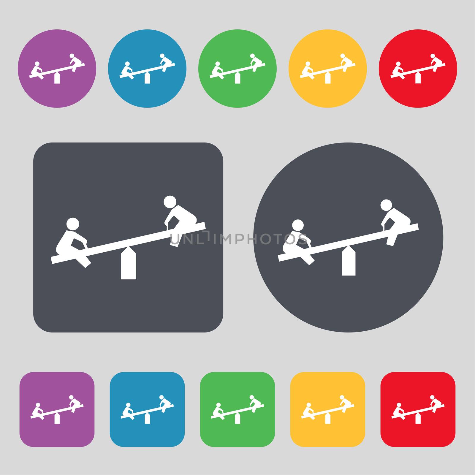 swing icon sign. A set of 12 colored buttons. Flat design. illustration