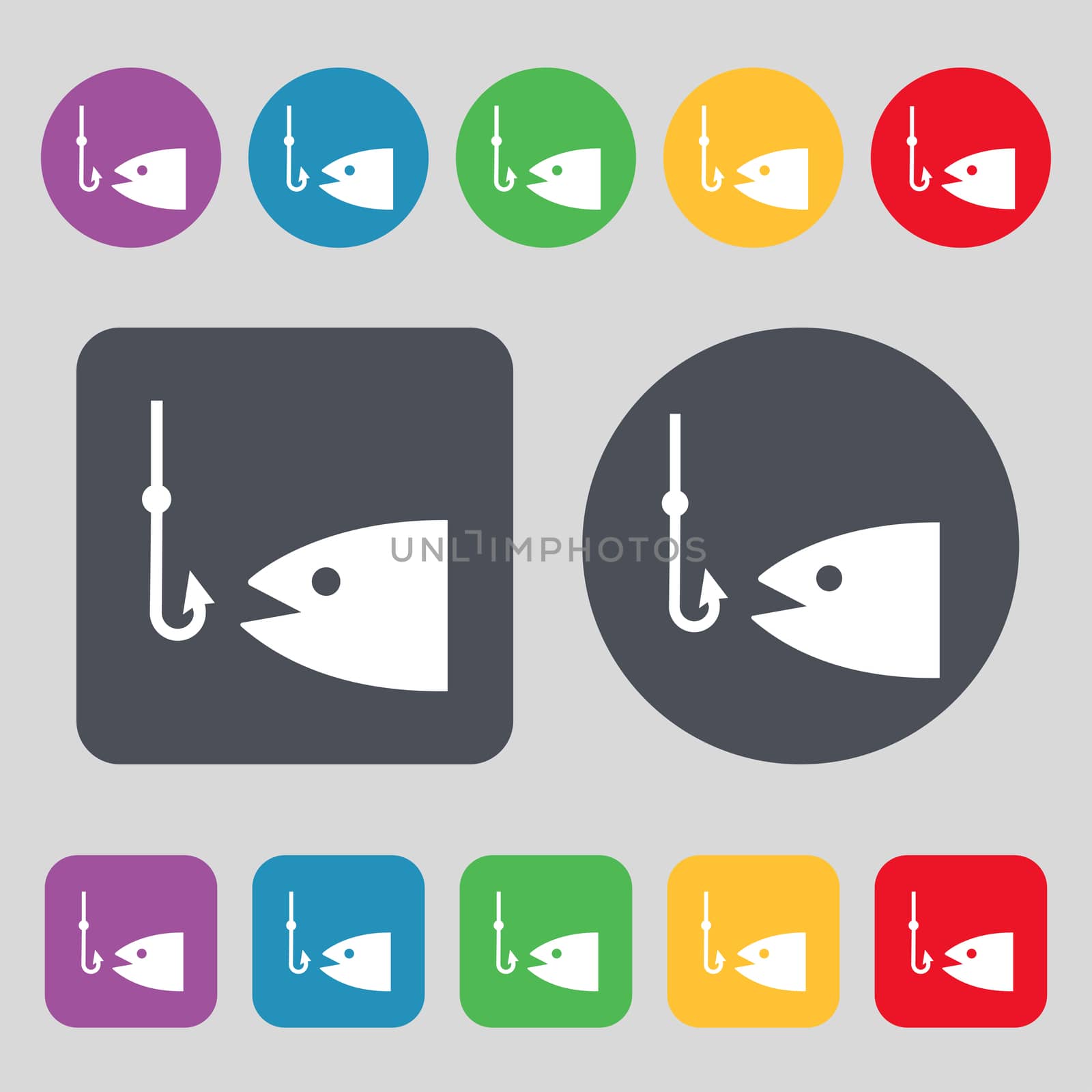 Fishing icon sign. A set of 12 colored buttons. Flat design. illustration