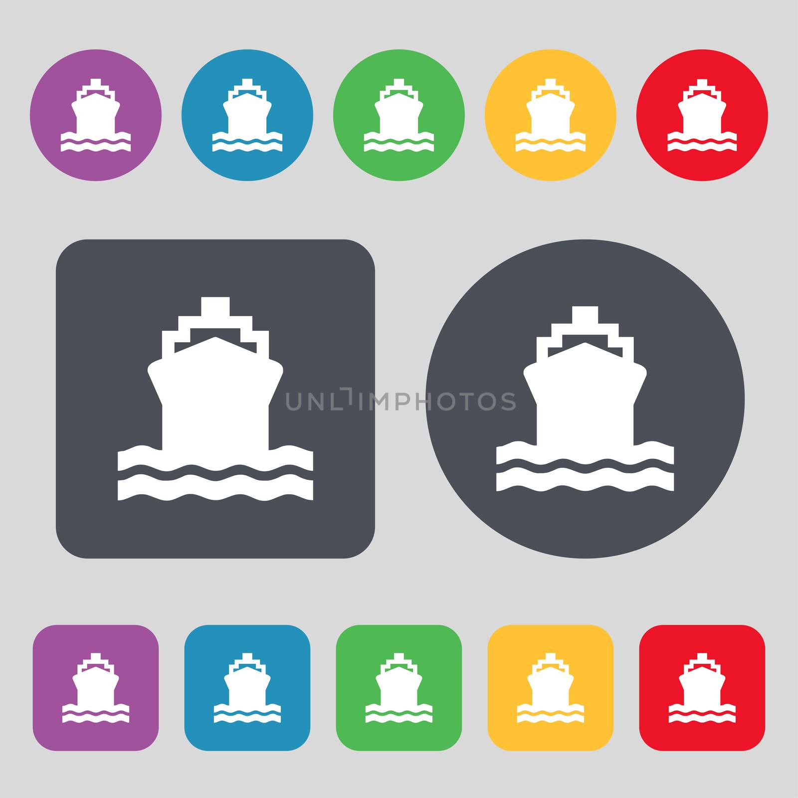 ship icon sign. A set of 12 colored buttons. Flat design. illustration