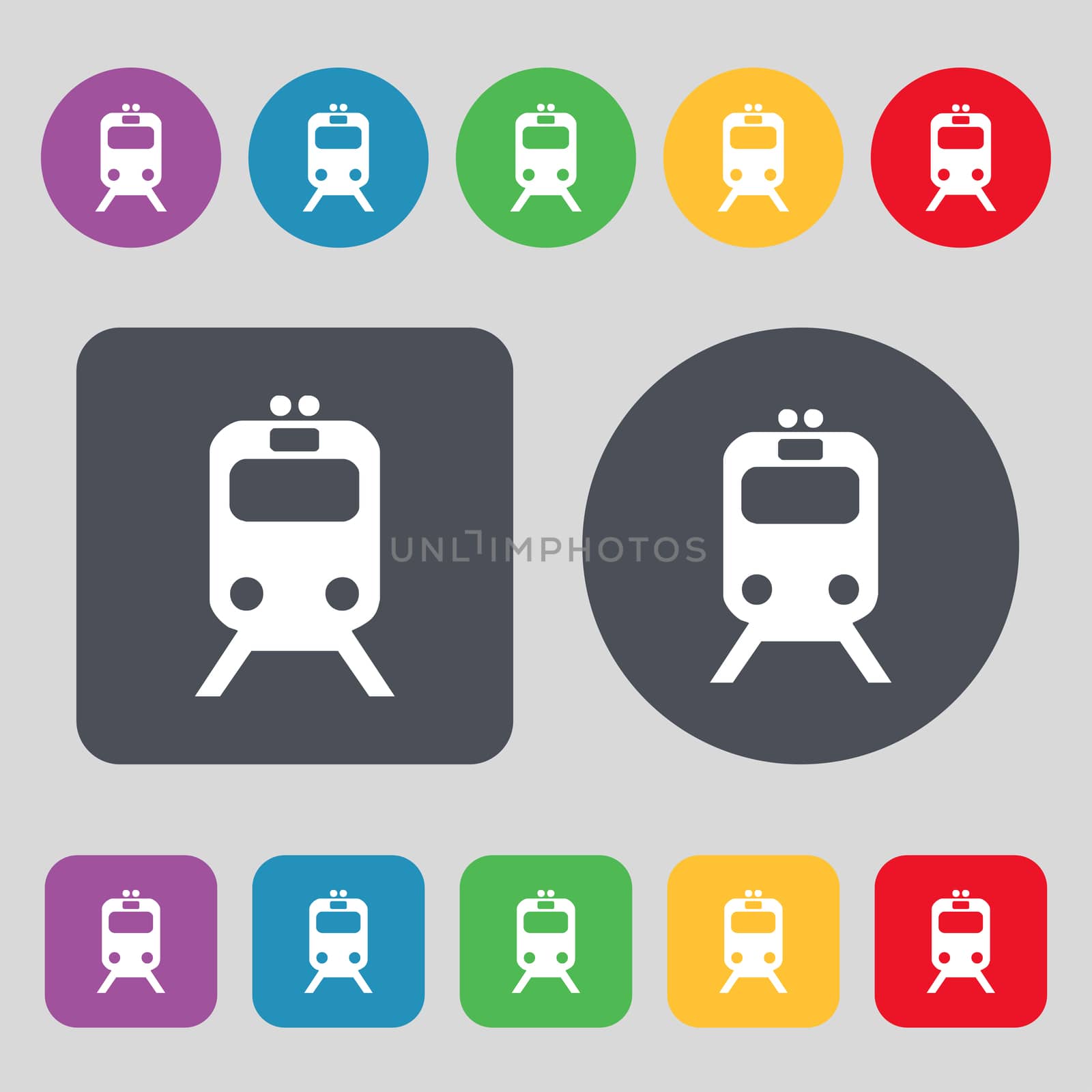 train icon sign. A set of 12 colored buttons. Flat design.  by serhii_lohvyniuk