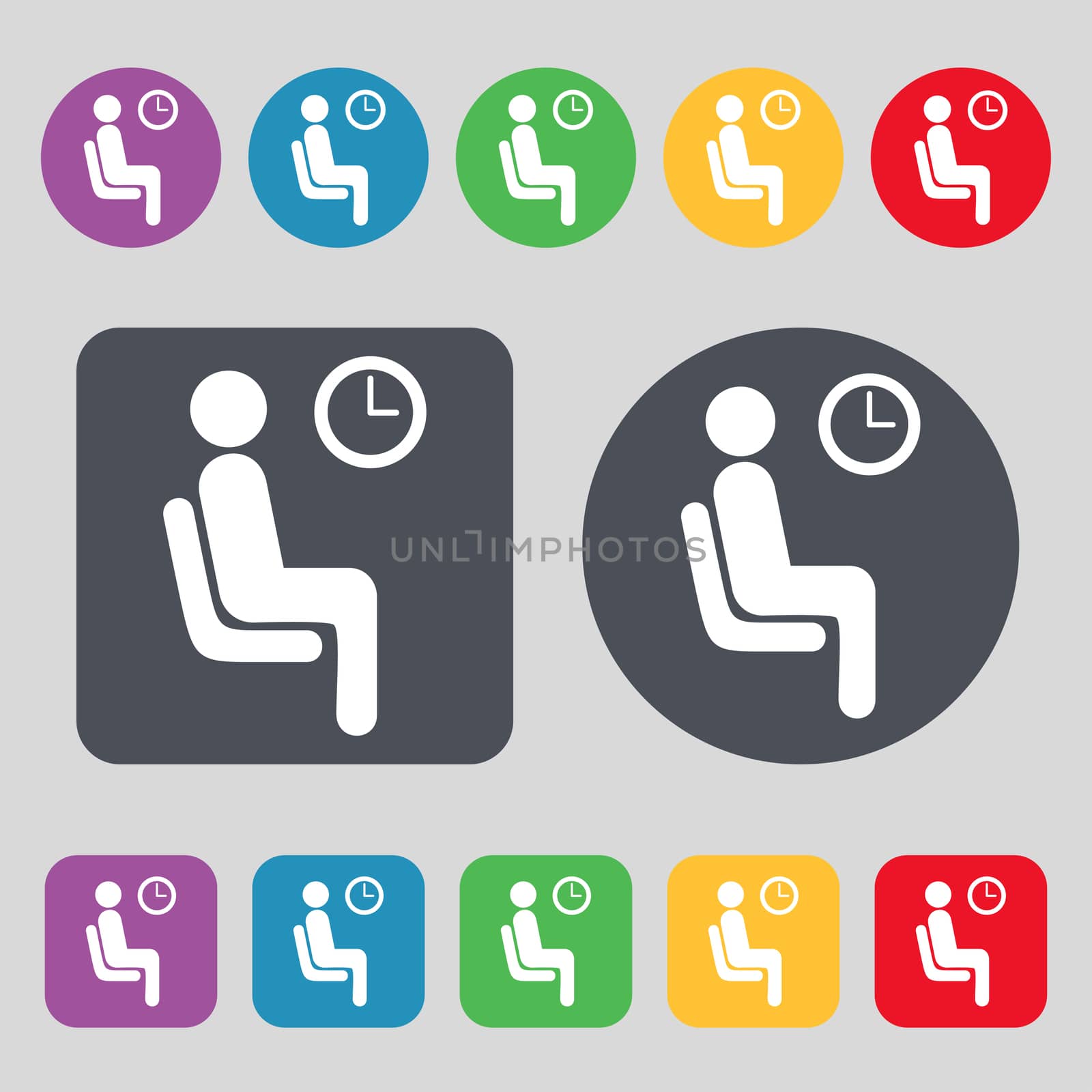 waiting icon sign. A set of 12 colored buttons. Flat design.  by serhii_lohvyniuk