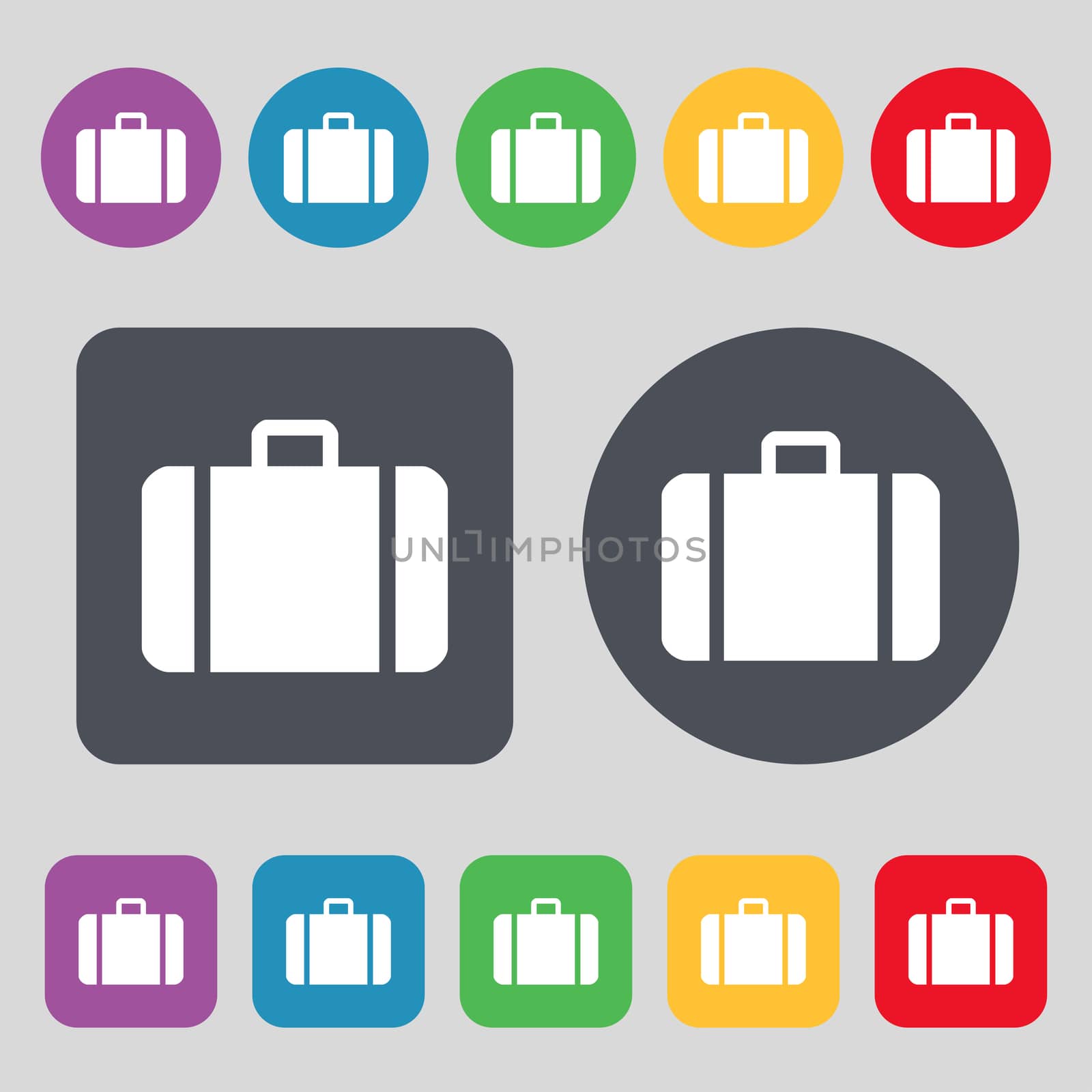 suitcase icon sign. A set of 12 colored buttons. Flat design.  by serhii_lohvyniuk