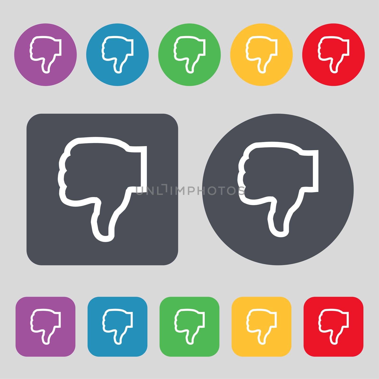 Dislike icon sign. A set of 12 colored buttons. Flat design. illustration
