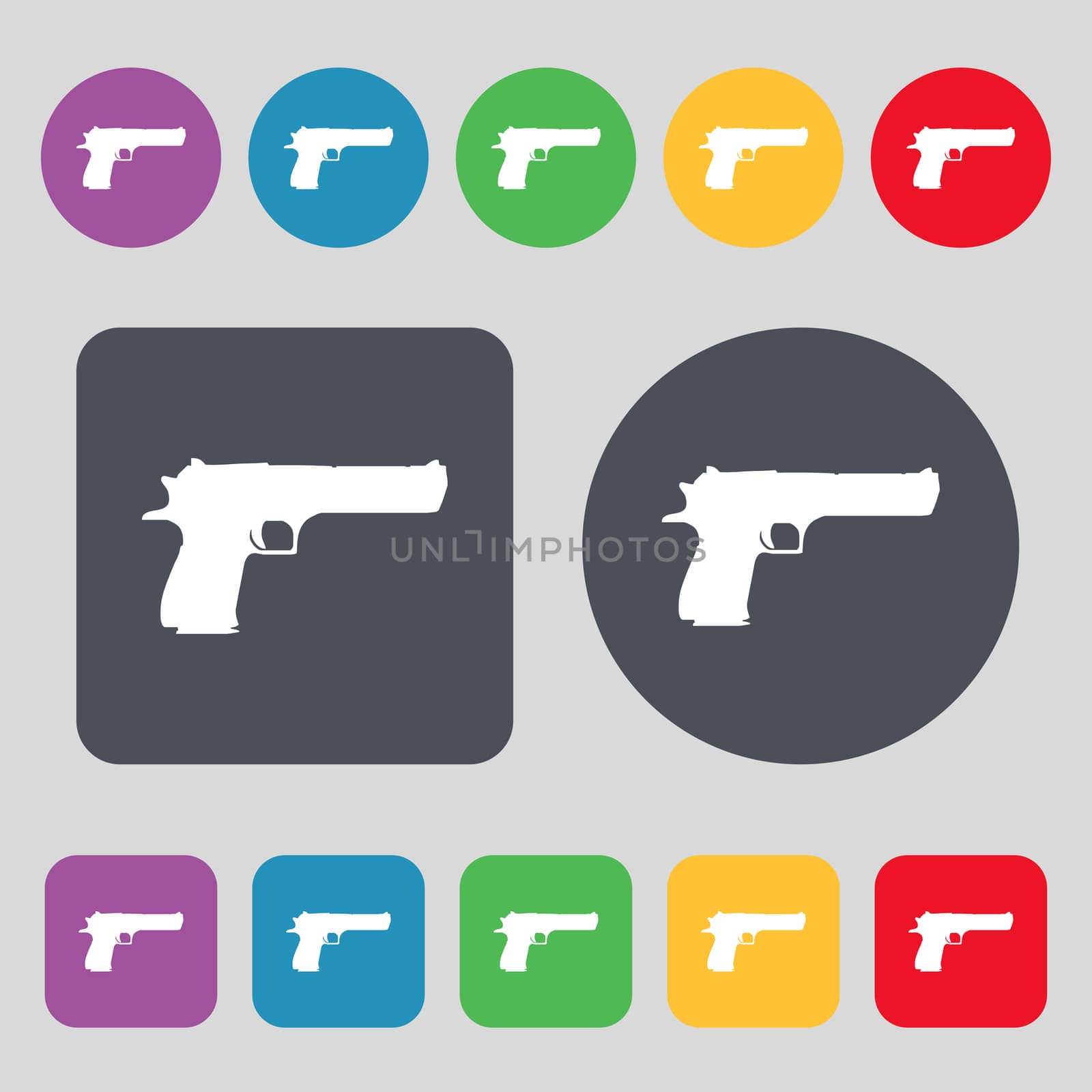 gun icon sign. A set of 12 colored buttons. Flat design.  by serhii_lohvyniuk