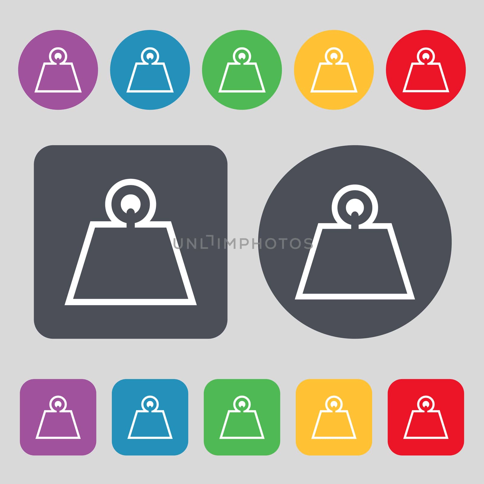 Weight icon sign. A set of 12 colored buttons. Flat design. illustration