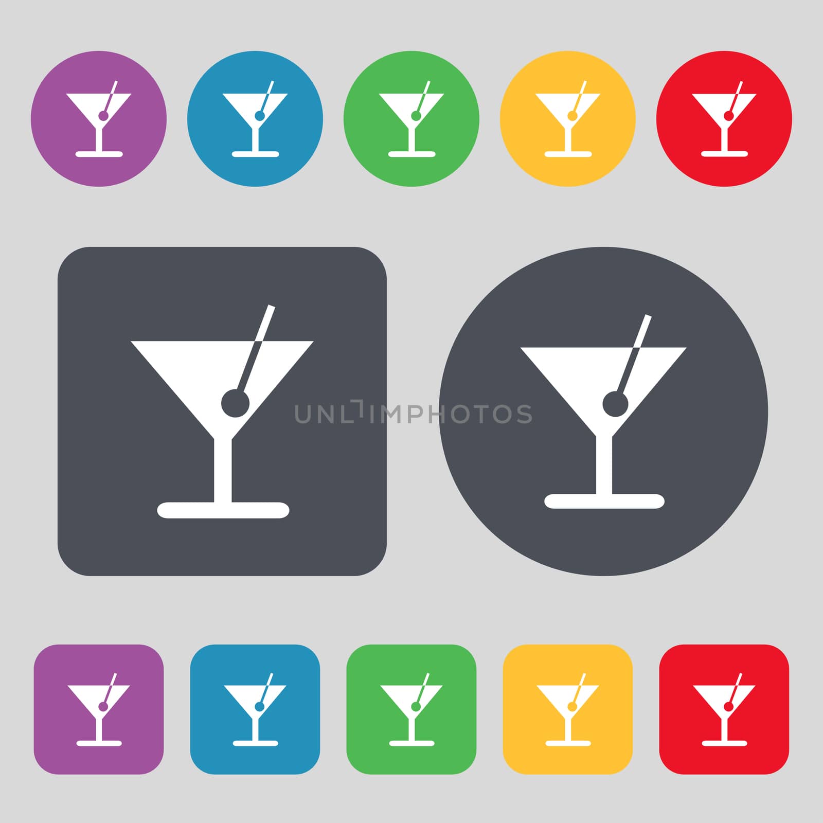 cocktail icon sign. A set of 12 colored buttons. Flat design.  by serhii_lohvyniuk