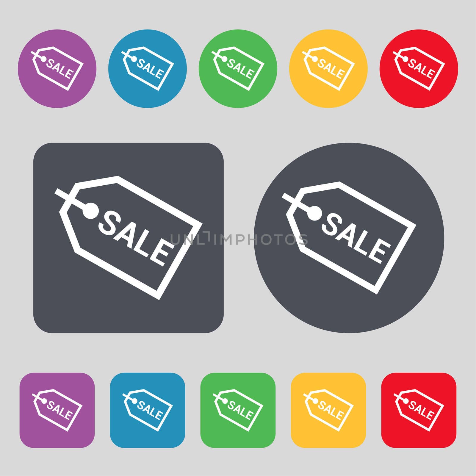 Sale icon sign. A set of 12 colored buttons. Flat design. illustration