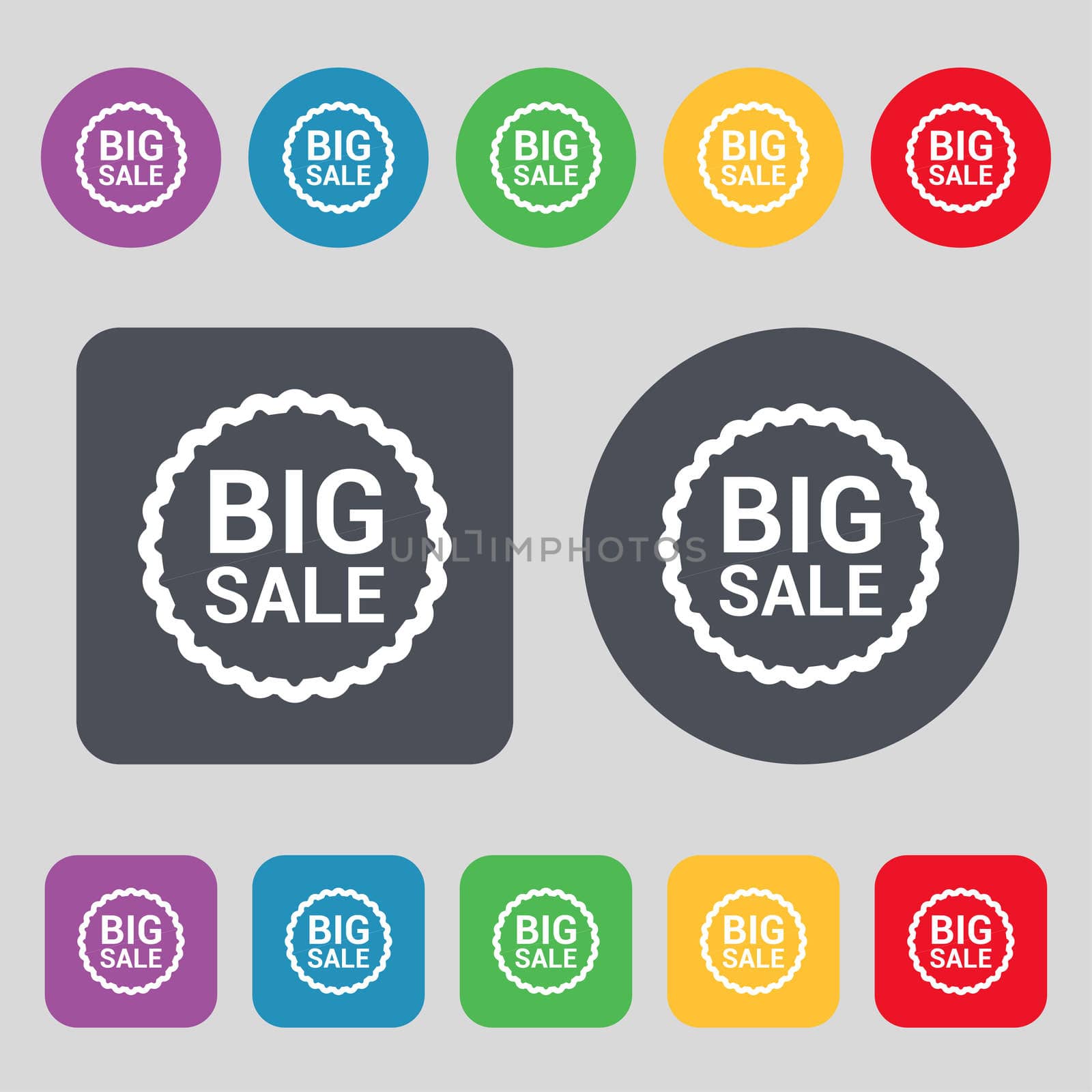 Big sale icon sign. A set of 12 colored buttons. Flat design. illustration