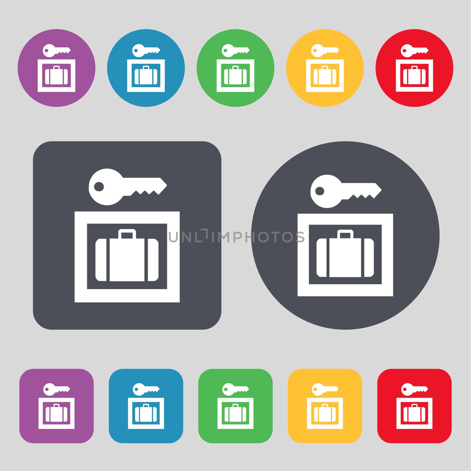 Luggage Storage icon sign. A set of 12 colored buttons. Flat design.  by serhii_lohvyniuk