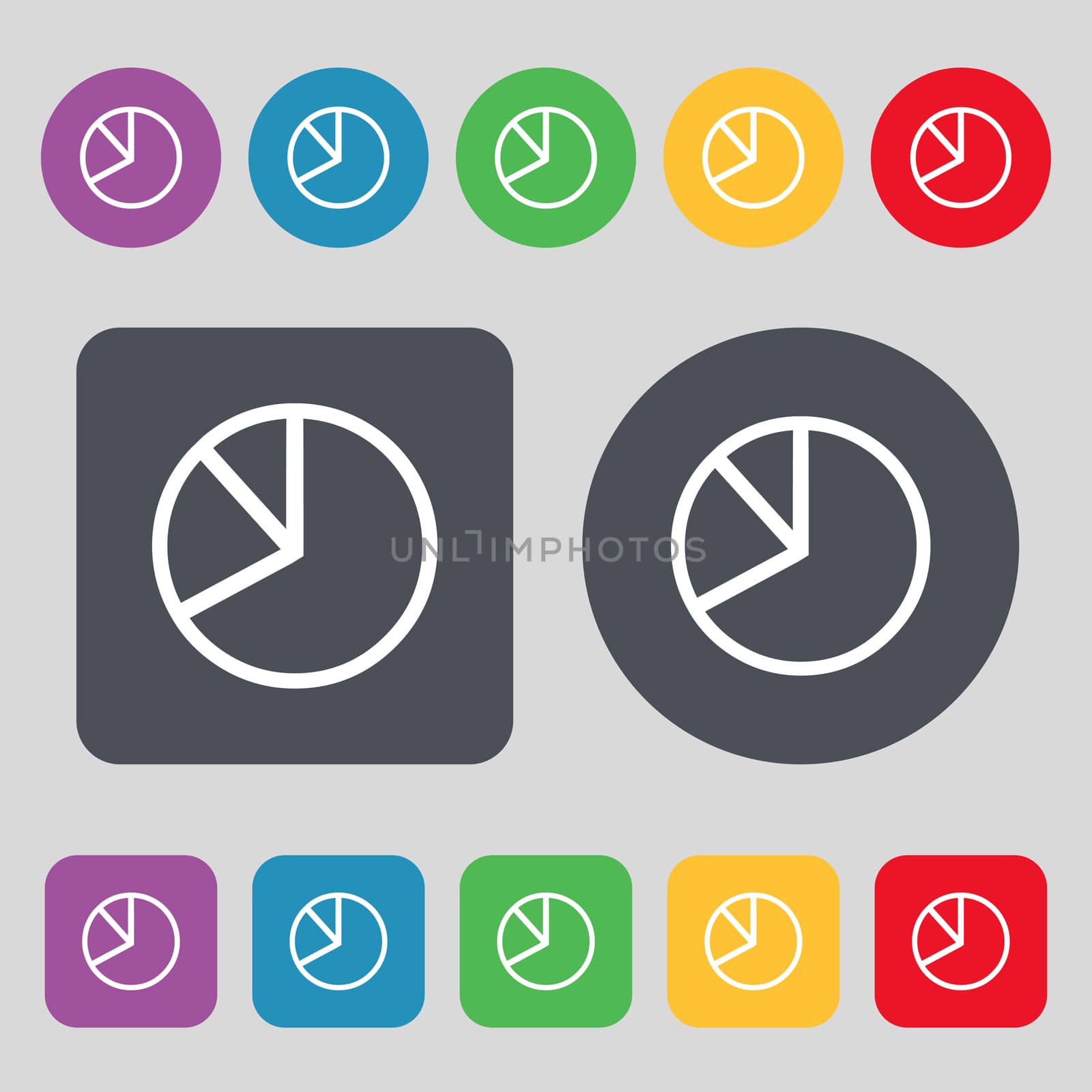 Pie chart graph icon sign. A set of 12 colored buttons. Flat design. illustration