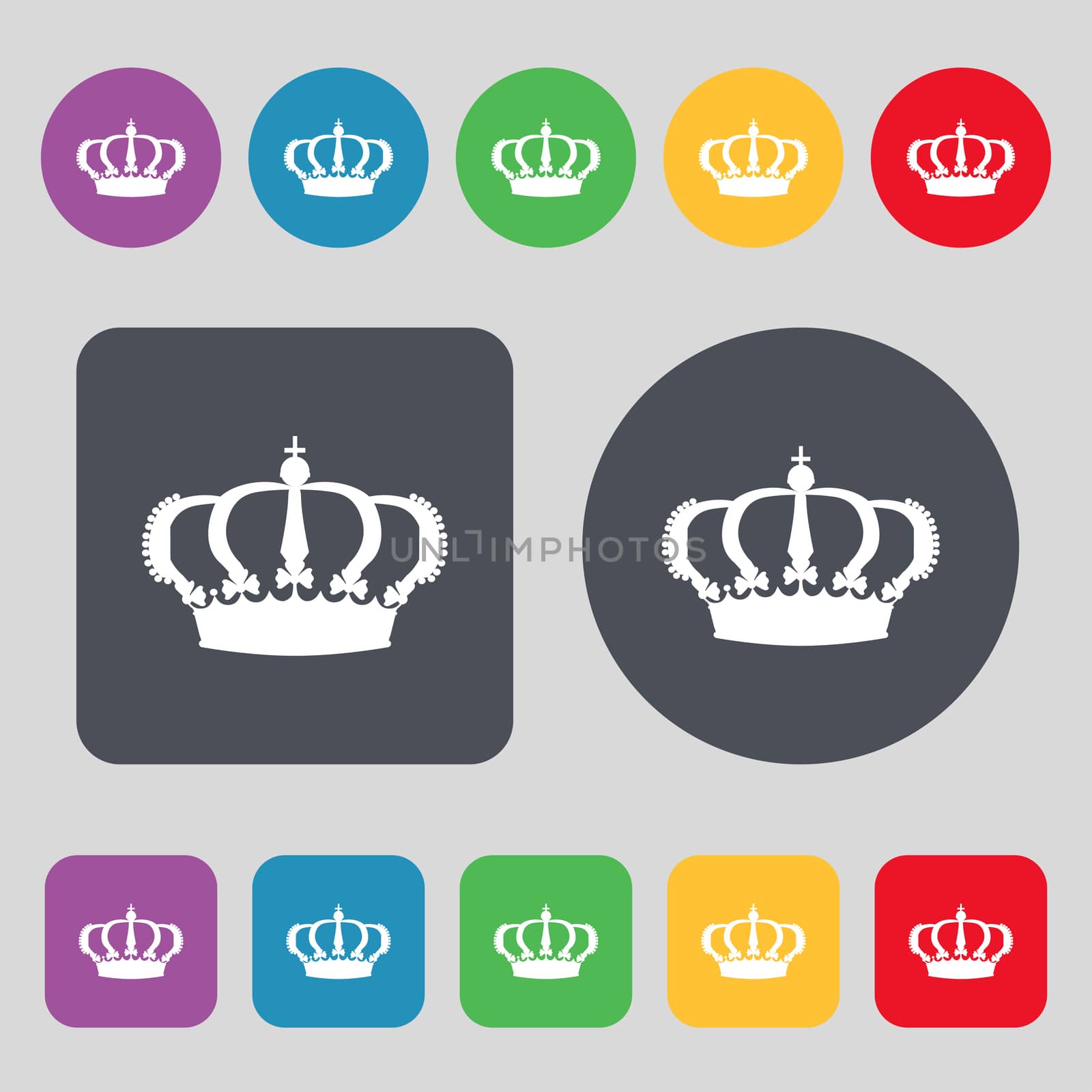 Crown icon sign. A set of 12 colored buttons. Flat design.  by serhii_lohvyniuk
