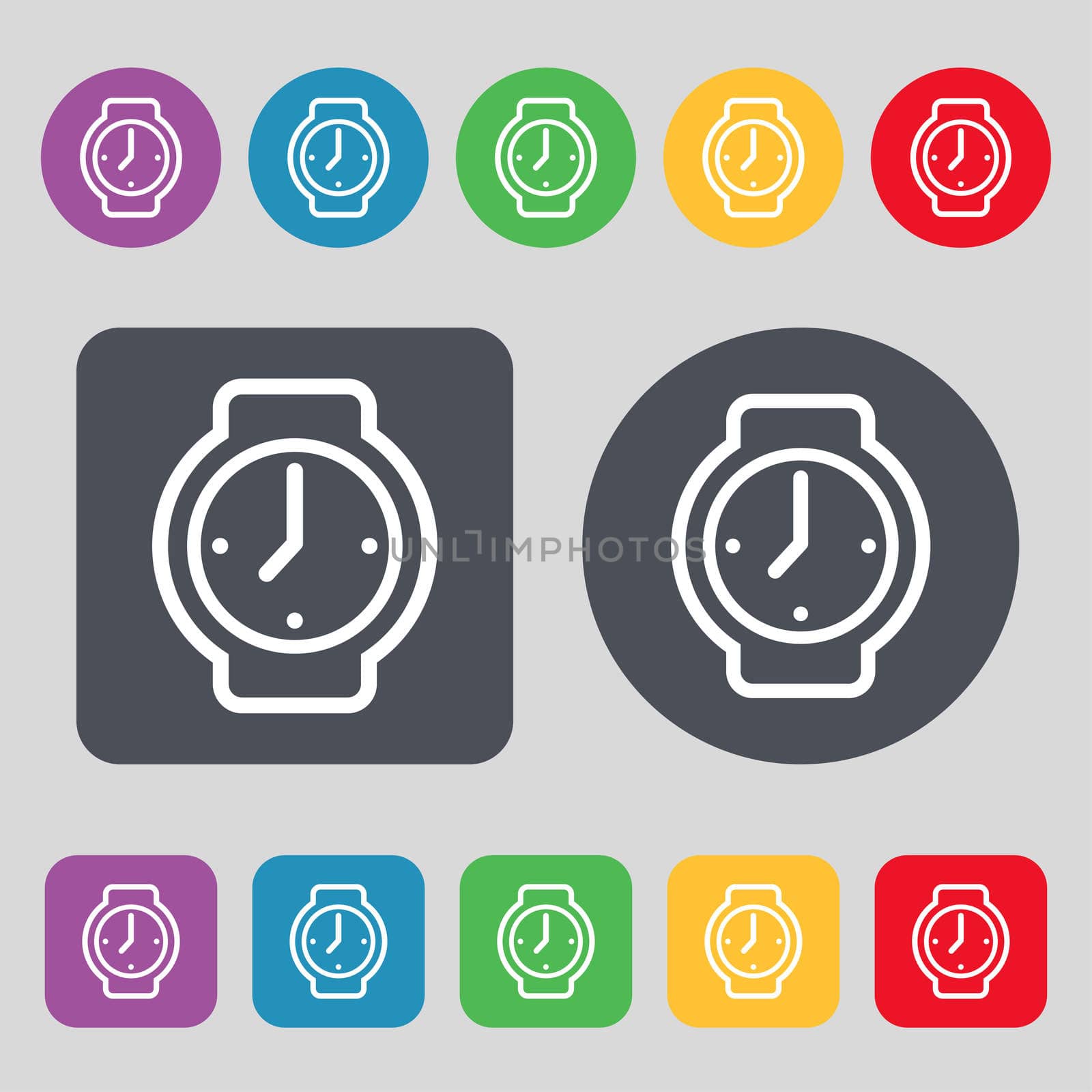 watches icon sign. A set of 12 colored buttons. Flat design.  by serhii_lohvyniuk