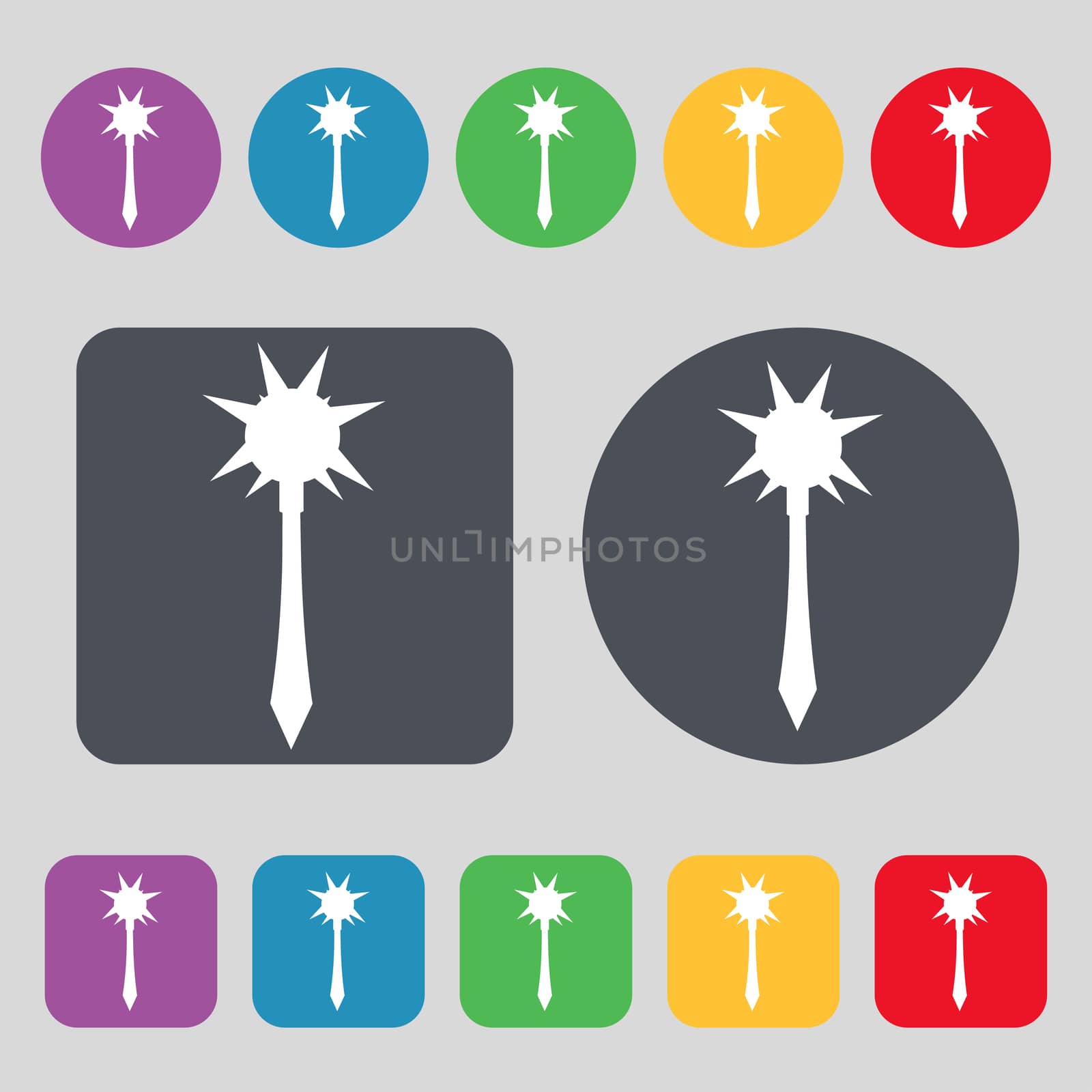 Mace icon sign. A set of 12 colored buttons. Flat design. illustration
