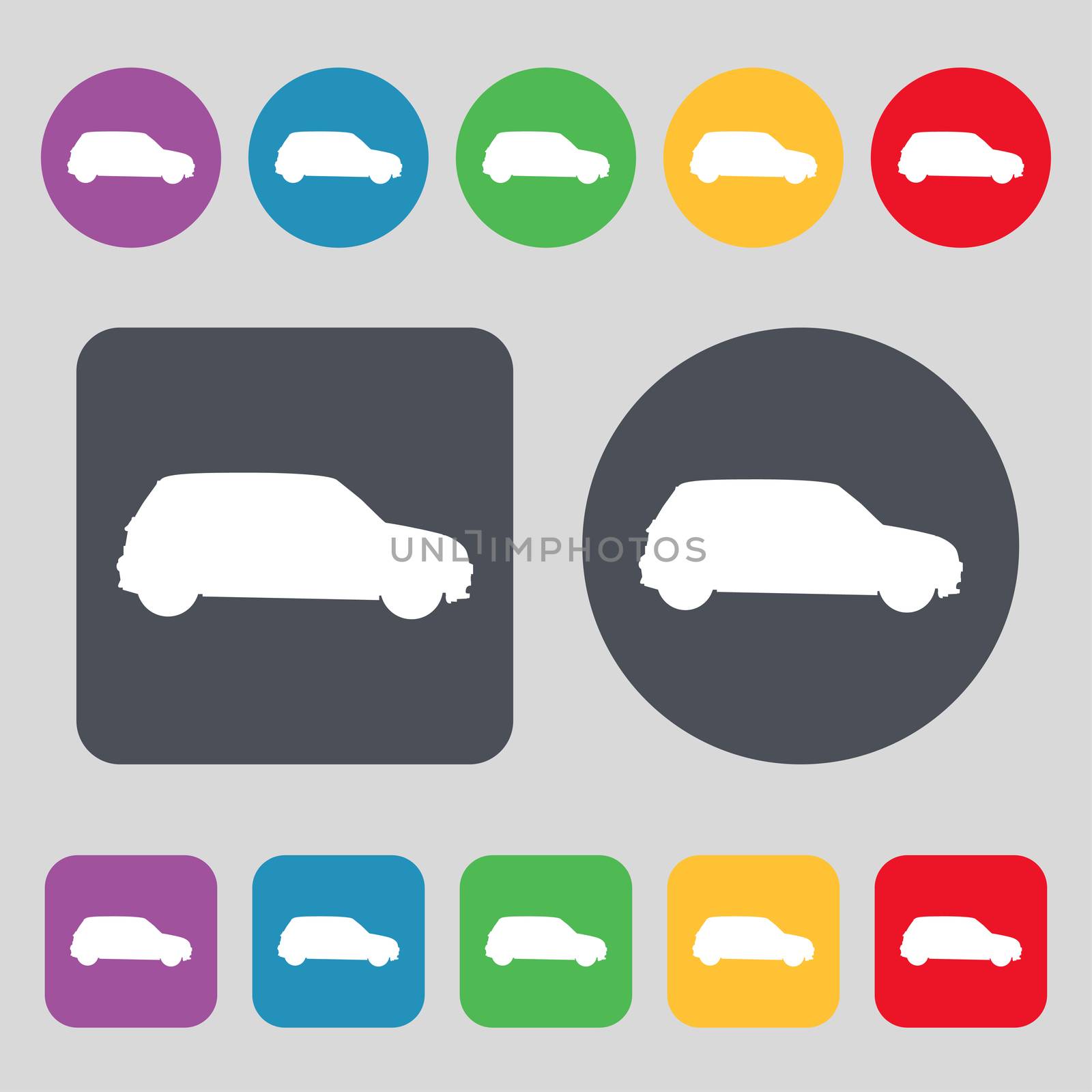 Jeep icon sign. A set of 12 colored buttons. Flat design. illustration