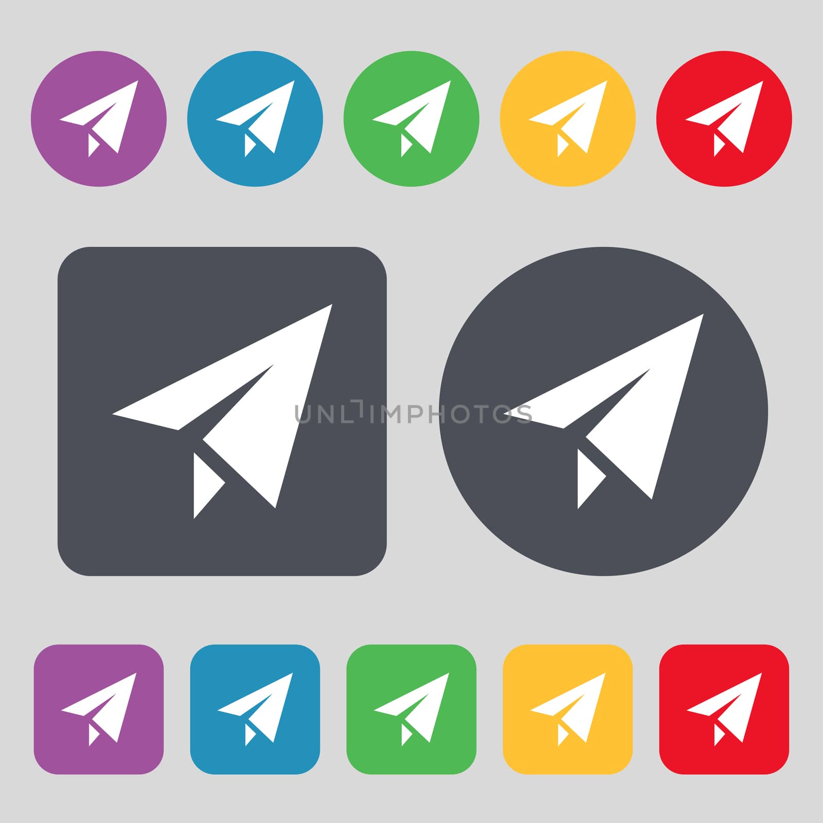 Paper airplane icon sign. A set of 12 colored buttons. Flat design. illustration