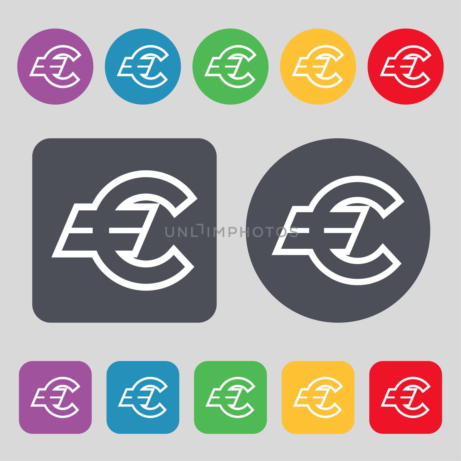 Euro EUR icon sign. A set of 12 colored buttons. Flat design.  by serhii_lohvyniuk