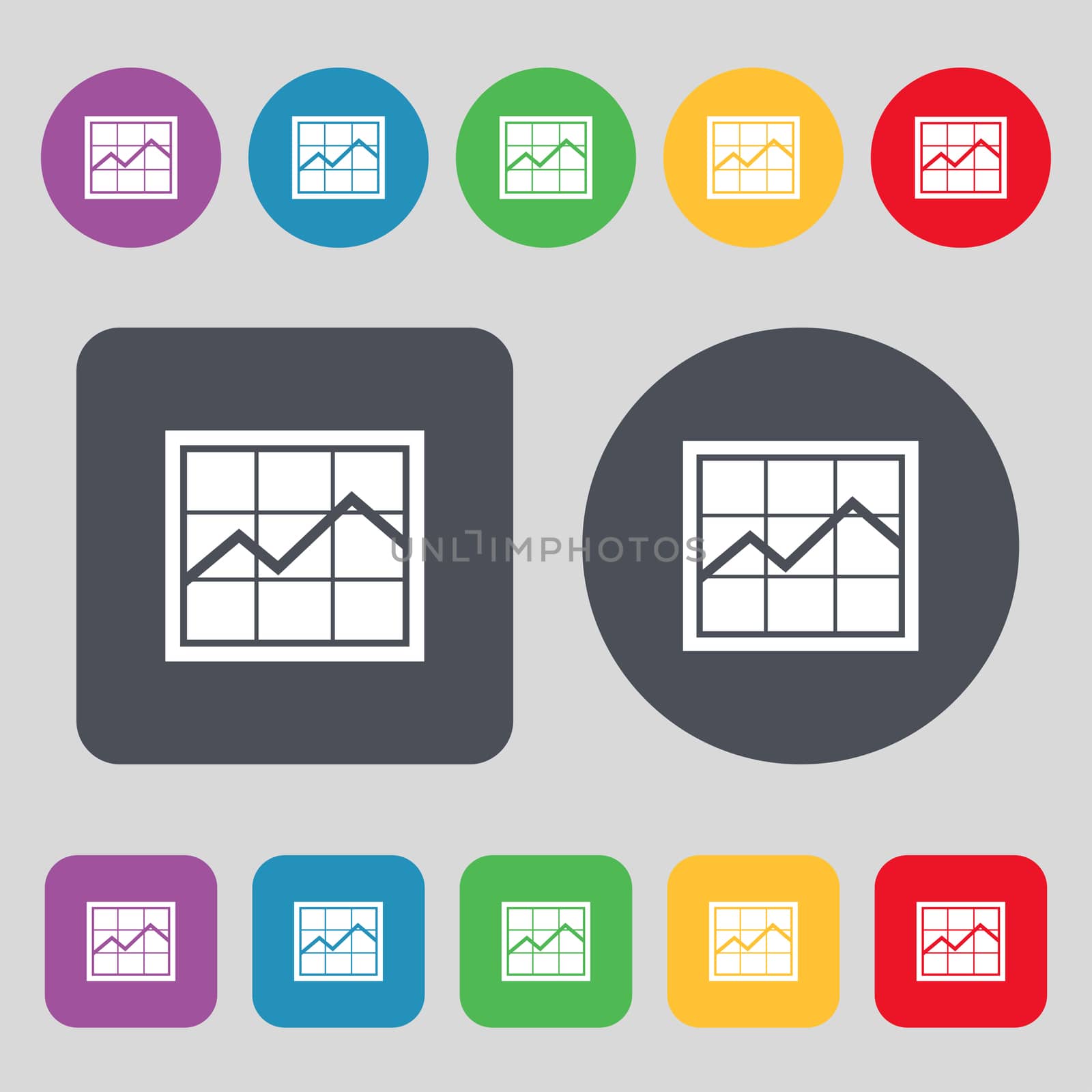 Chart icon sign. A set of 12 colored buttons. Flat design. illustration