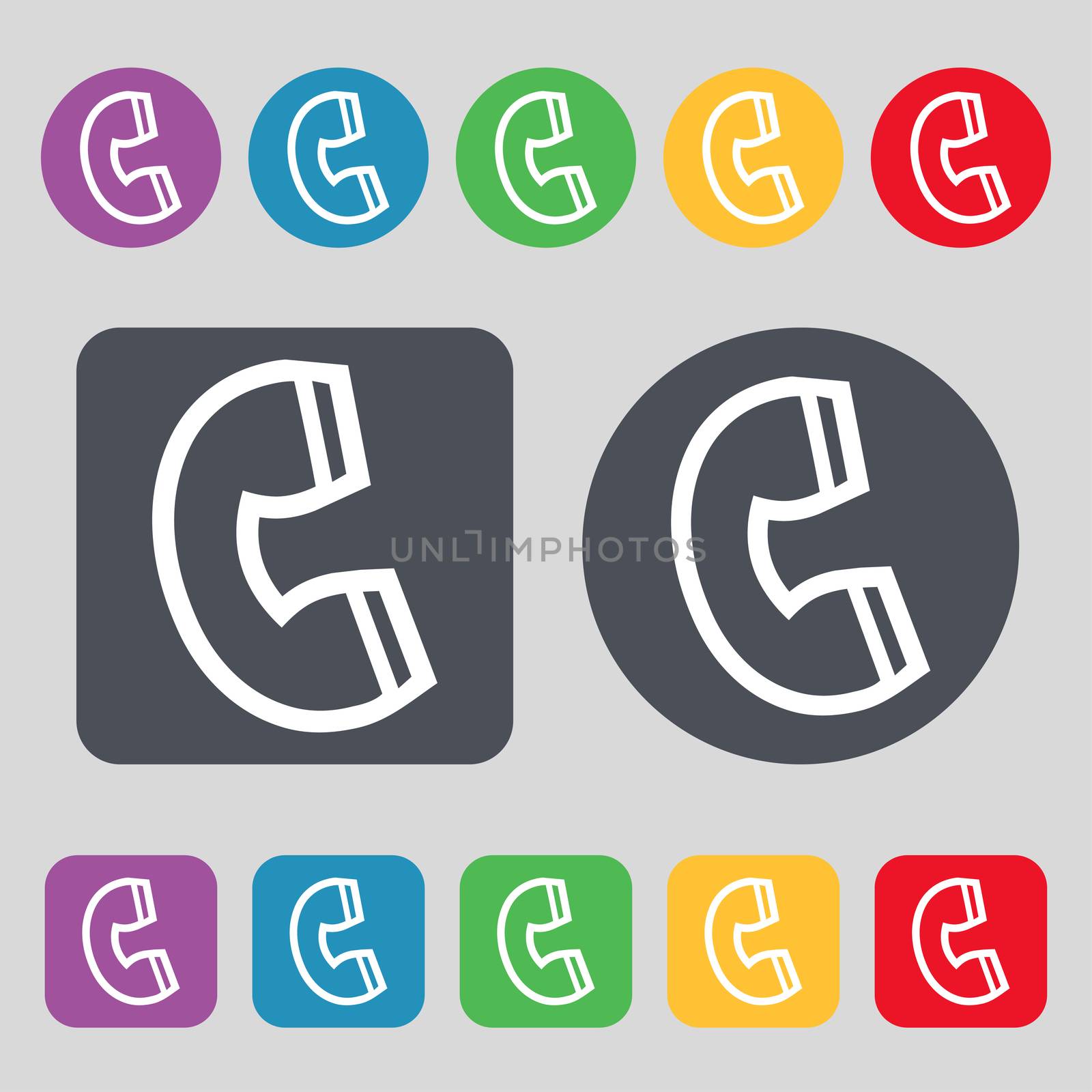 handset icon sign. A set of 12 colored buttons. Flat design. illustration