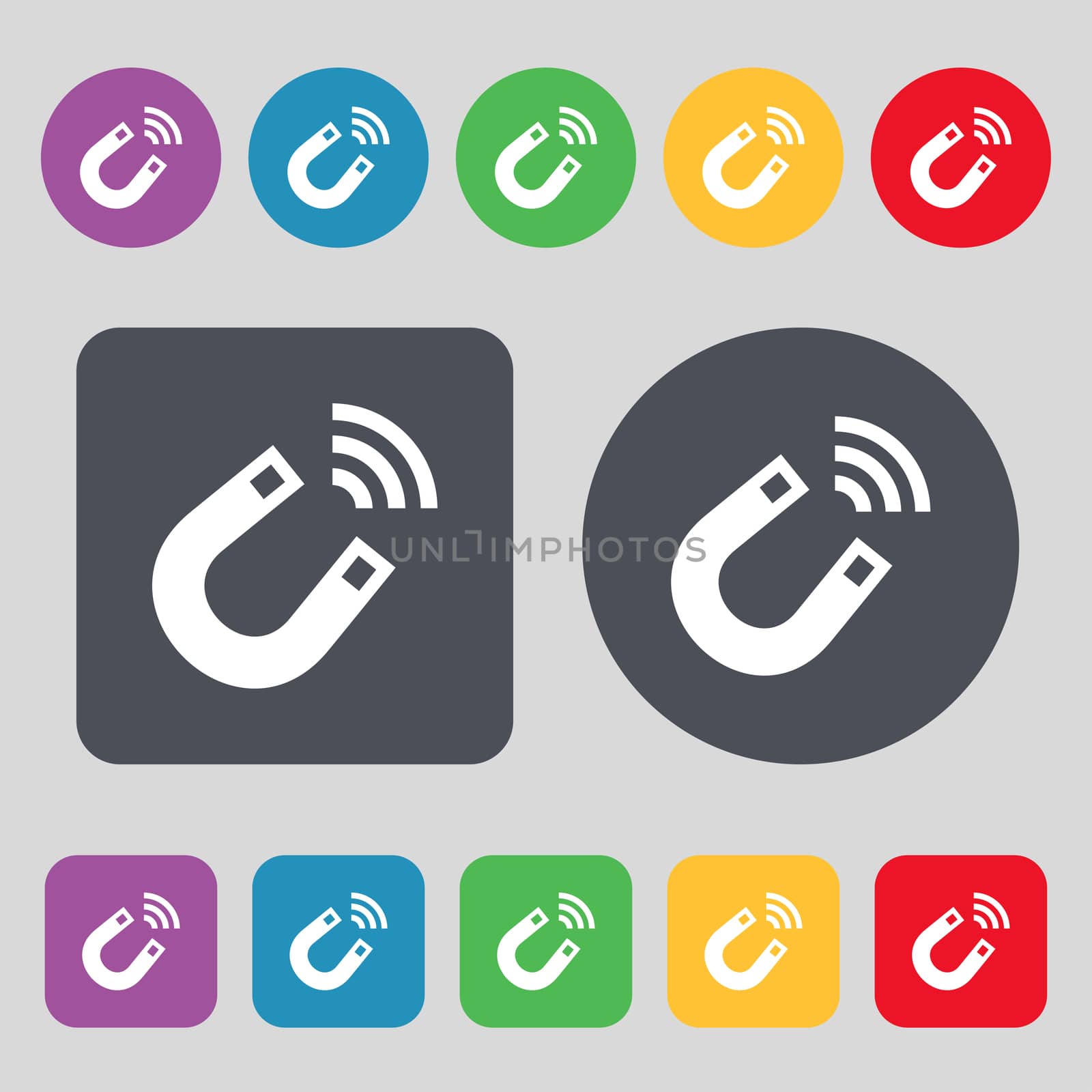 Magnet icon sign. A set of 12 colored buttons. Flat design. illustration