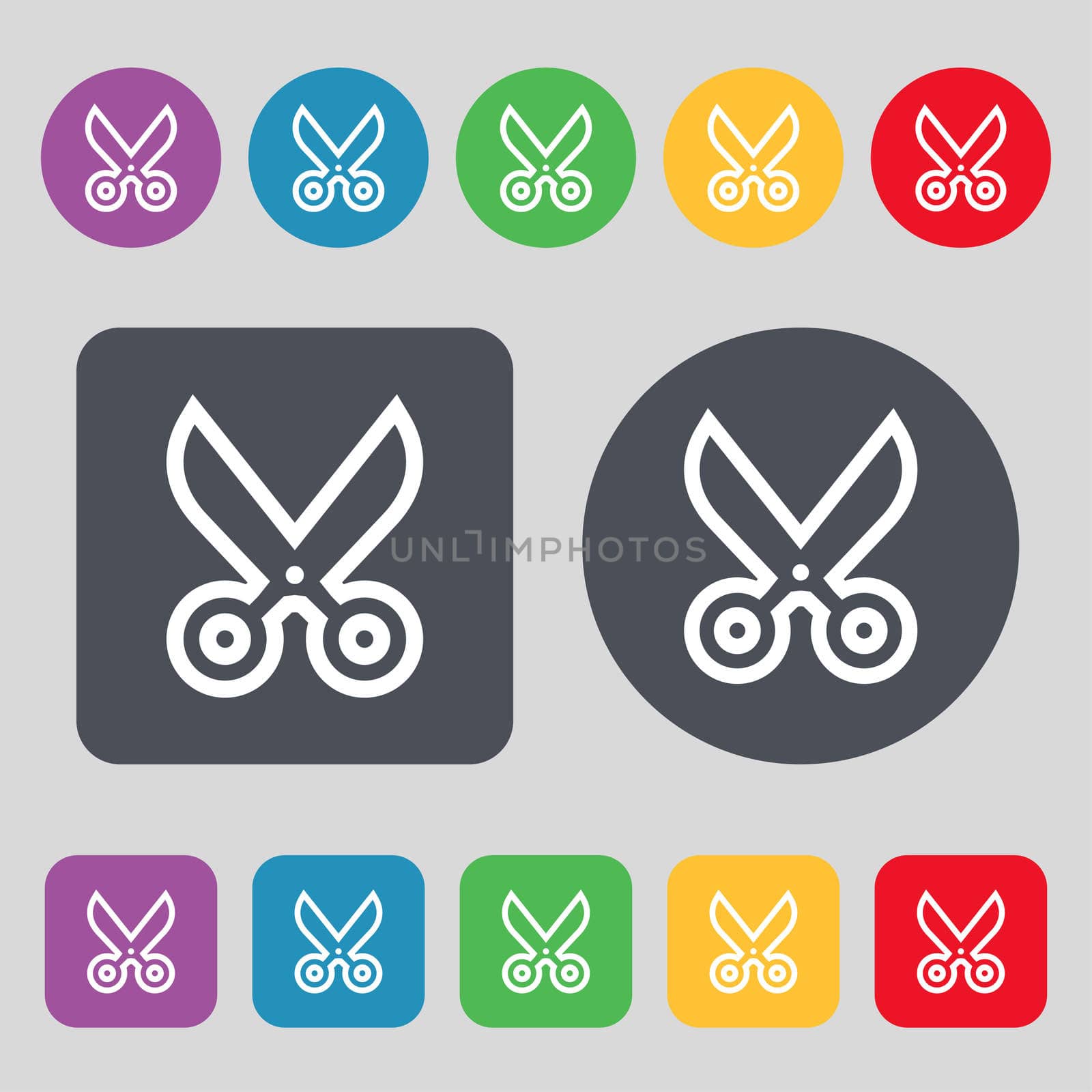 scissors icon sign. A set of 12 colored buttons. Flat design. illustration