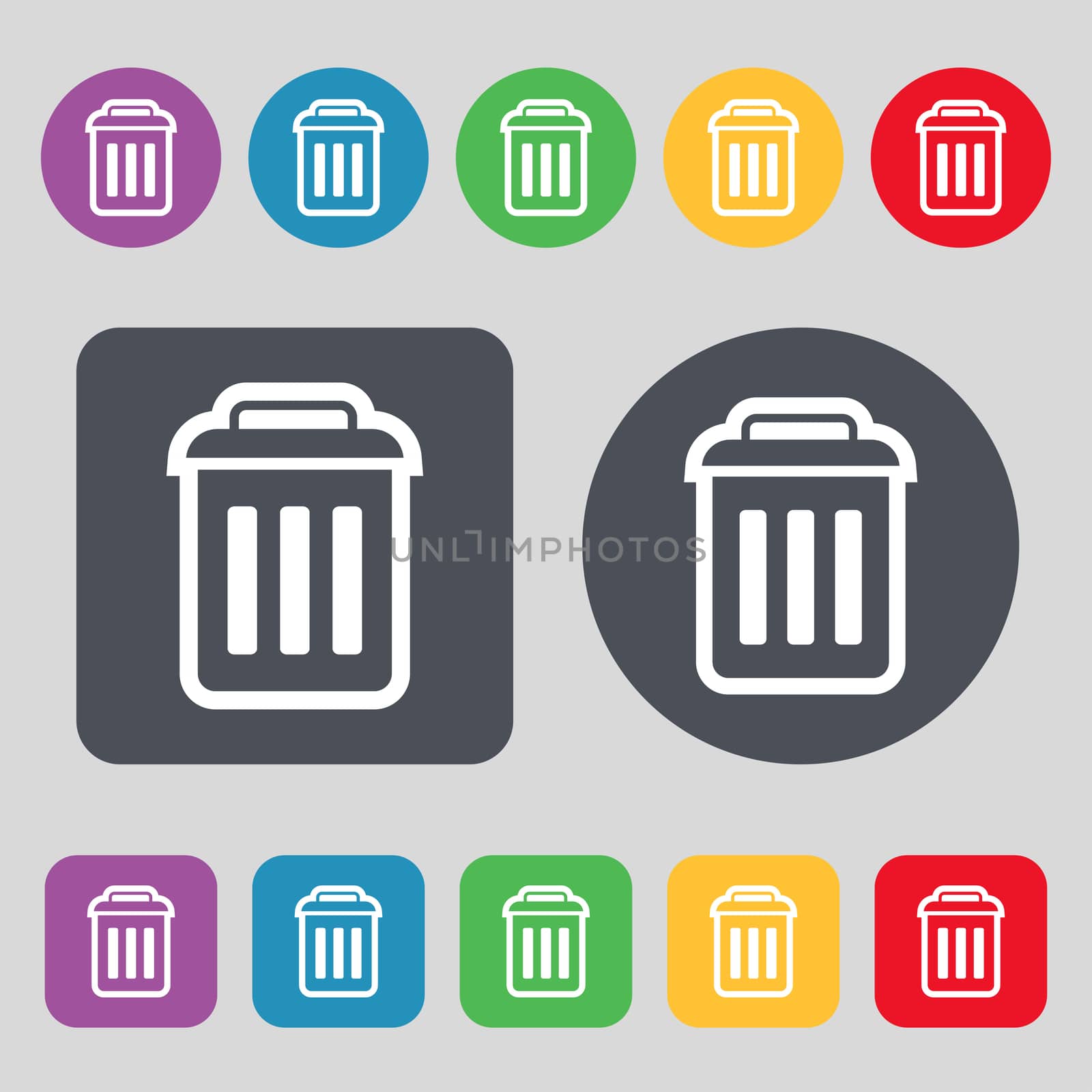 the trash icon sign. A set of 12 colored buttons. Flat design. illustration