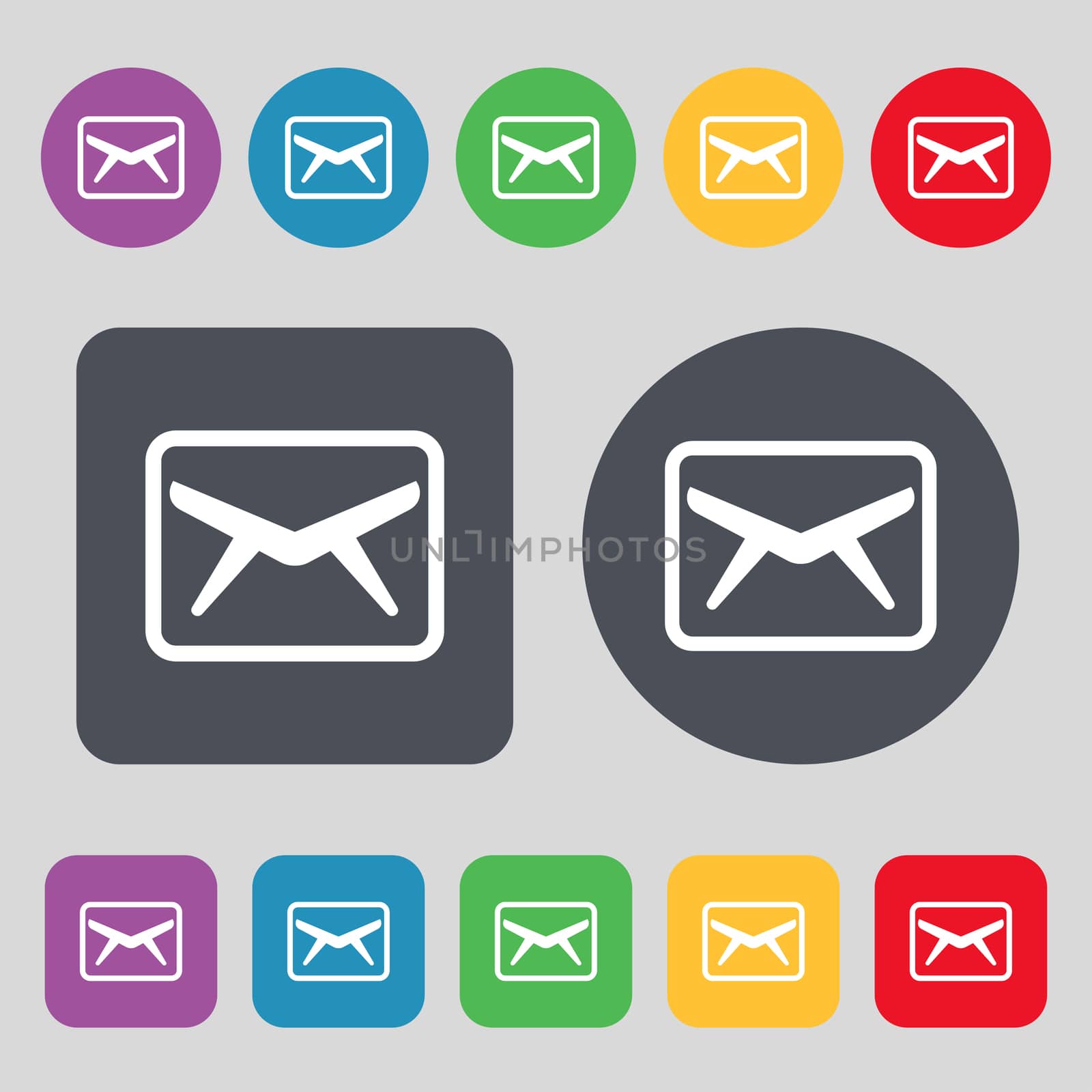 Mail, Envelope, Message icon sign. A set of 12 colored buttons. Flat design.  by serhii_lohvyniuk