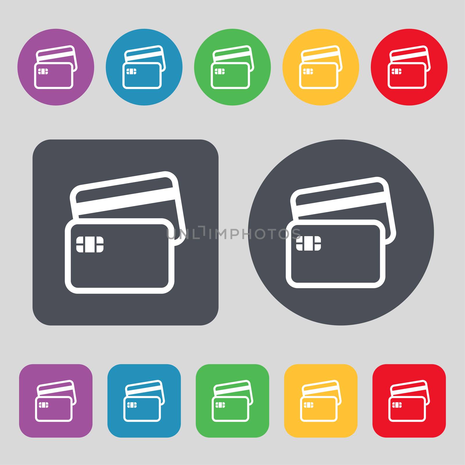 Credit card icon sign. A set of 12 colored buttons. Flat design.  by serhii_lohvyniuk