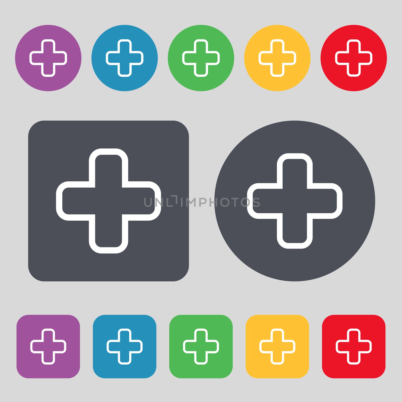 Plus icon sign. A set of 12 colored buttons. Flat design. illustration