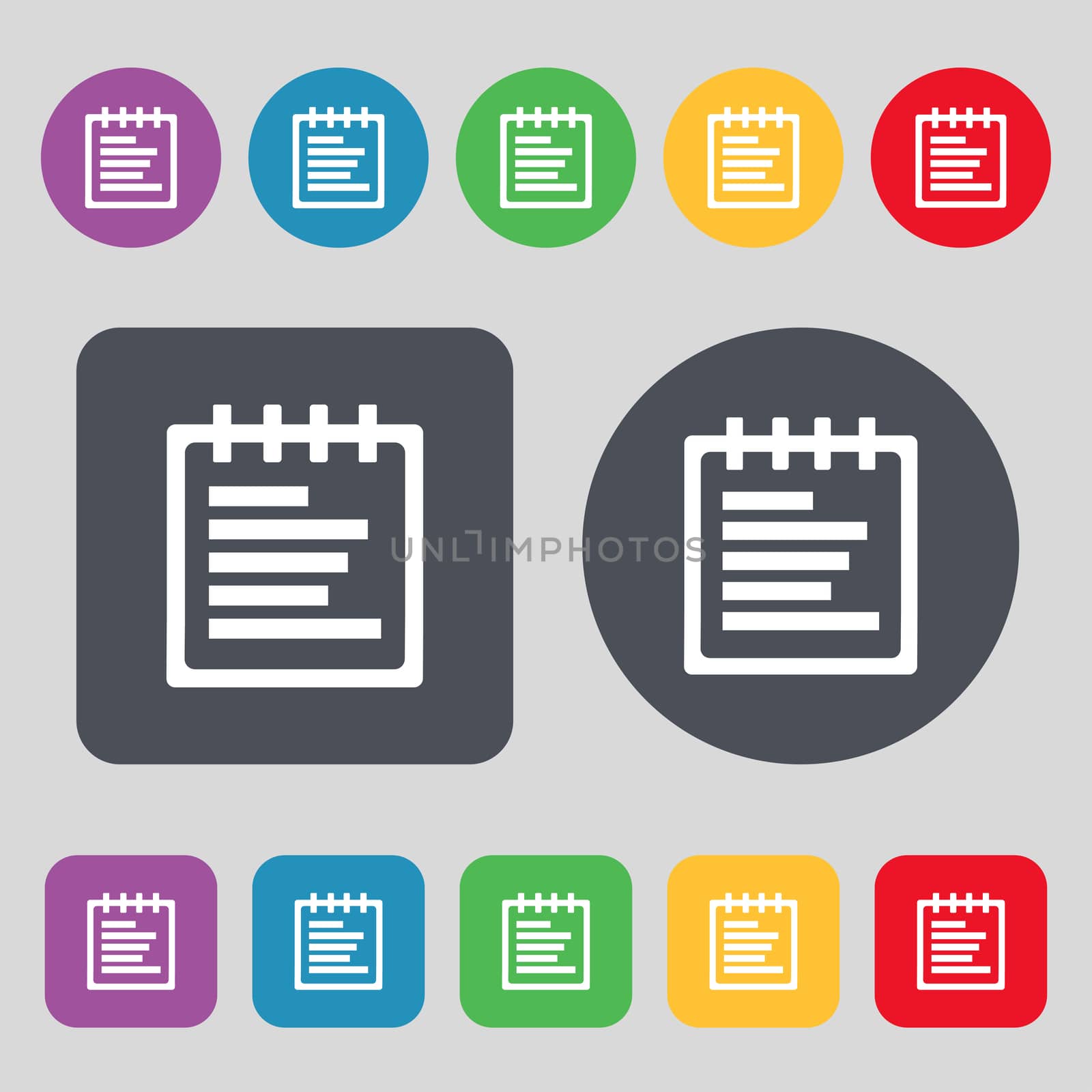 Notepad icon sign. A set of 12 colored buttons. Flat design. illustration