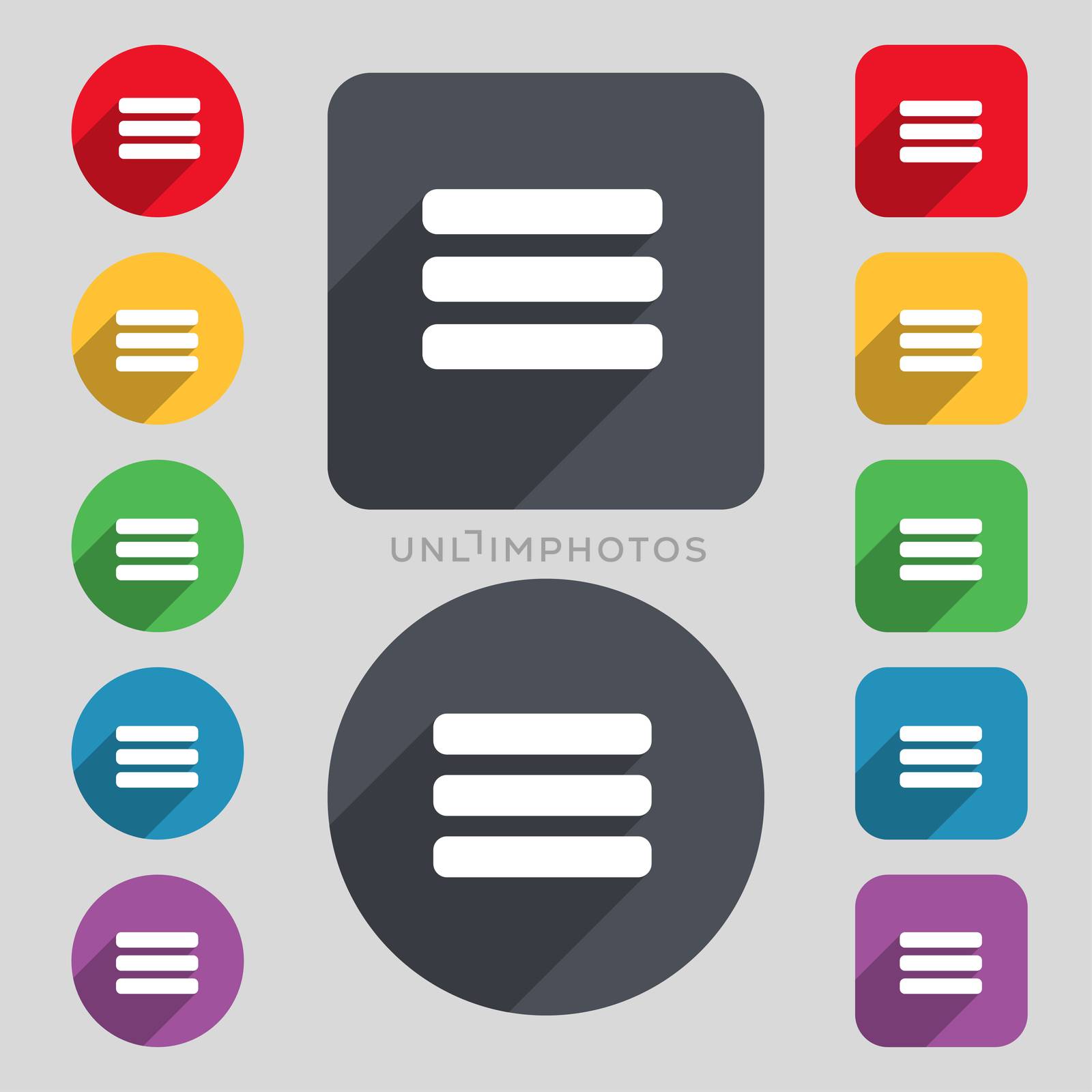 List menu, Content view options icon sign. A set of 12 colored buttons and a long shadow. Flat design.  by serhii_lohvyniuk