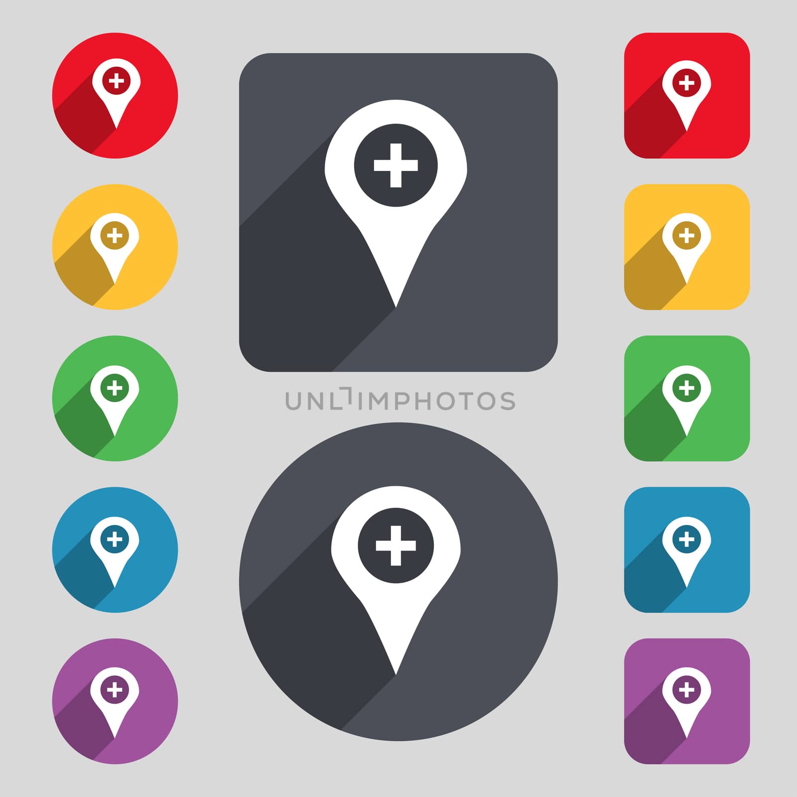 Plus Map pointer, GPS location icon sign. A set of 12 colored buttons and a long shadow. Flat design. illustration