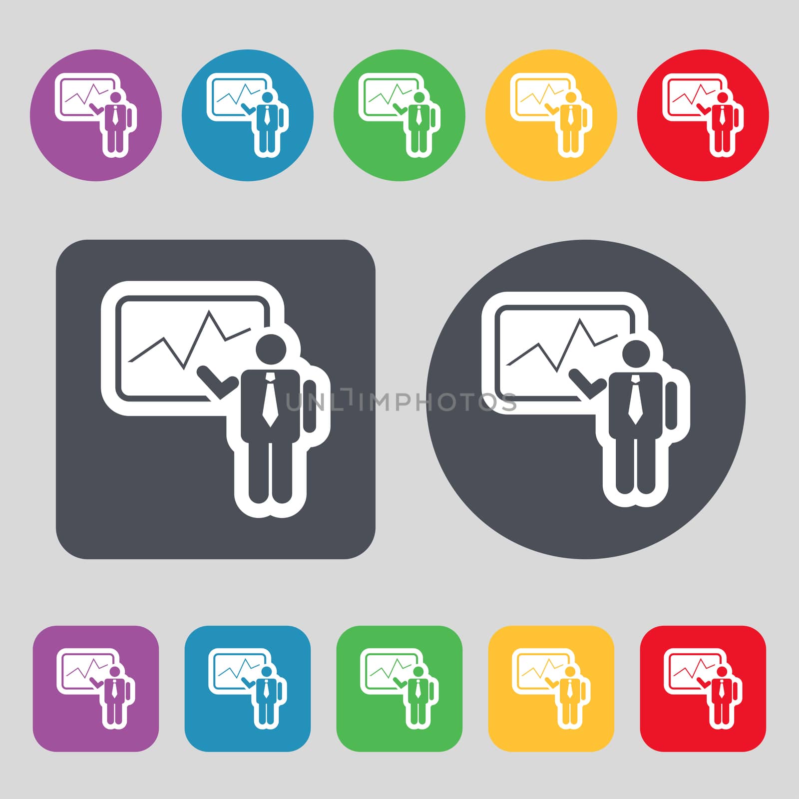 businessman making report icon sign. A set of 12 colored buttons. Flat design.  by serhii_lohvyniuk