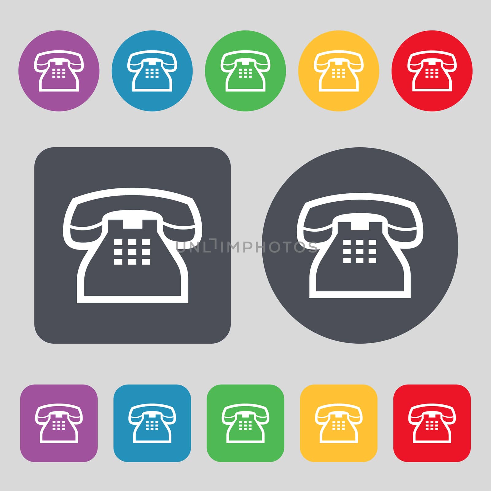 retro telephone handset icon sign. A set of 12 colored buttons. Flat design.  by serhii_lohvyniuk