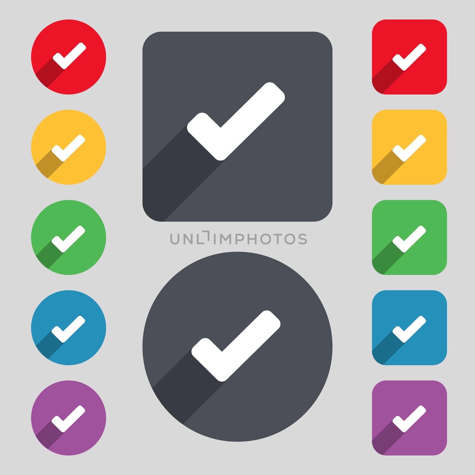 Check mark, tik icon sign. A set of 12 colored buttons and a long shadow. Flat design. illustration