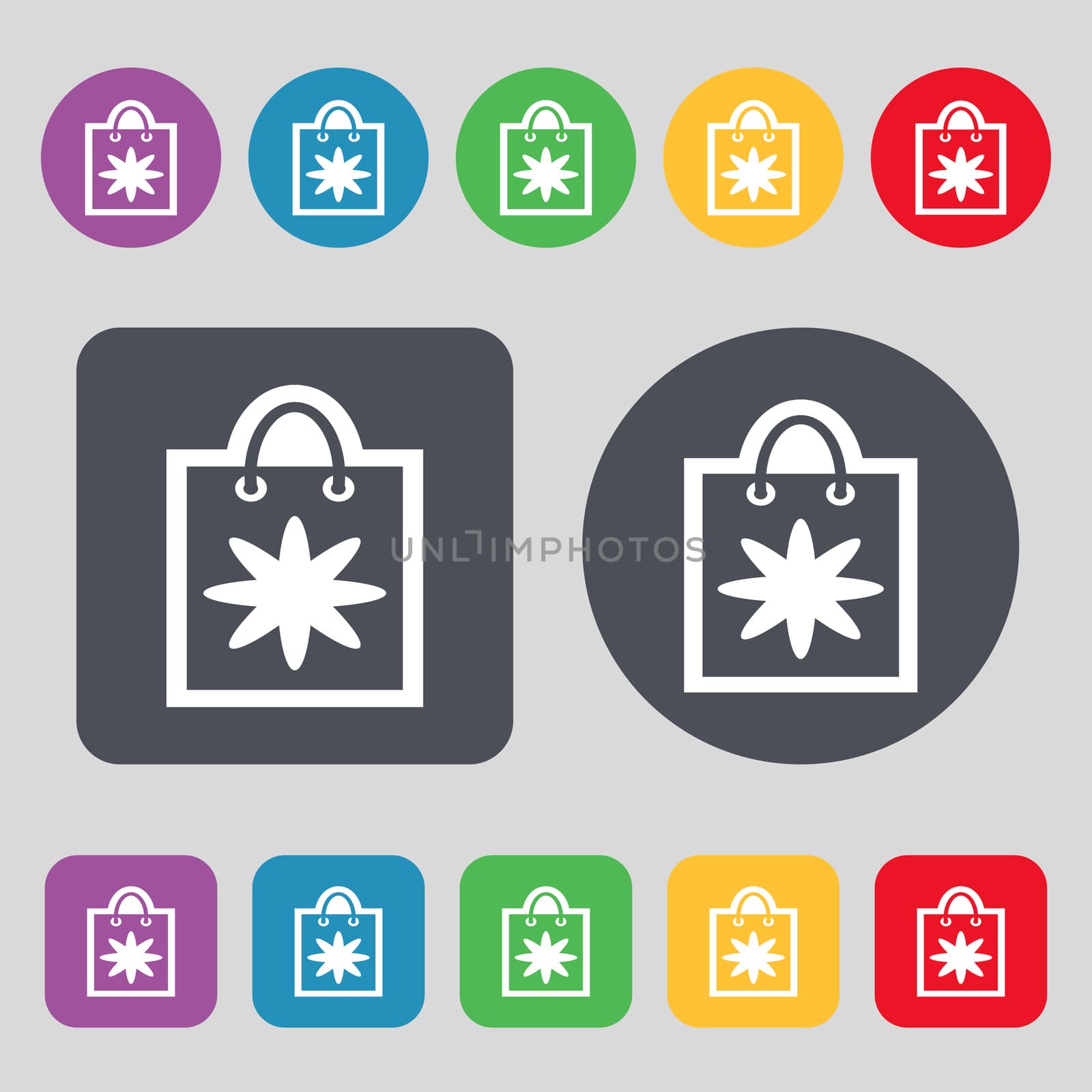 shopping bag icon sign. A set of 12 colored buttons. Flat design.  by serhii_lohvyniuk