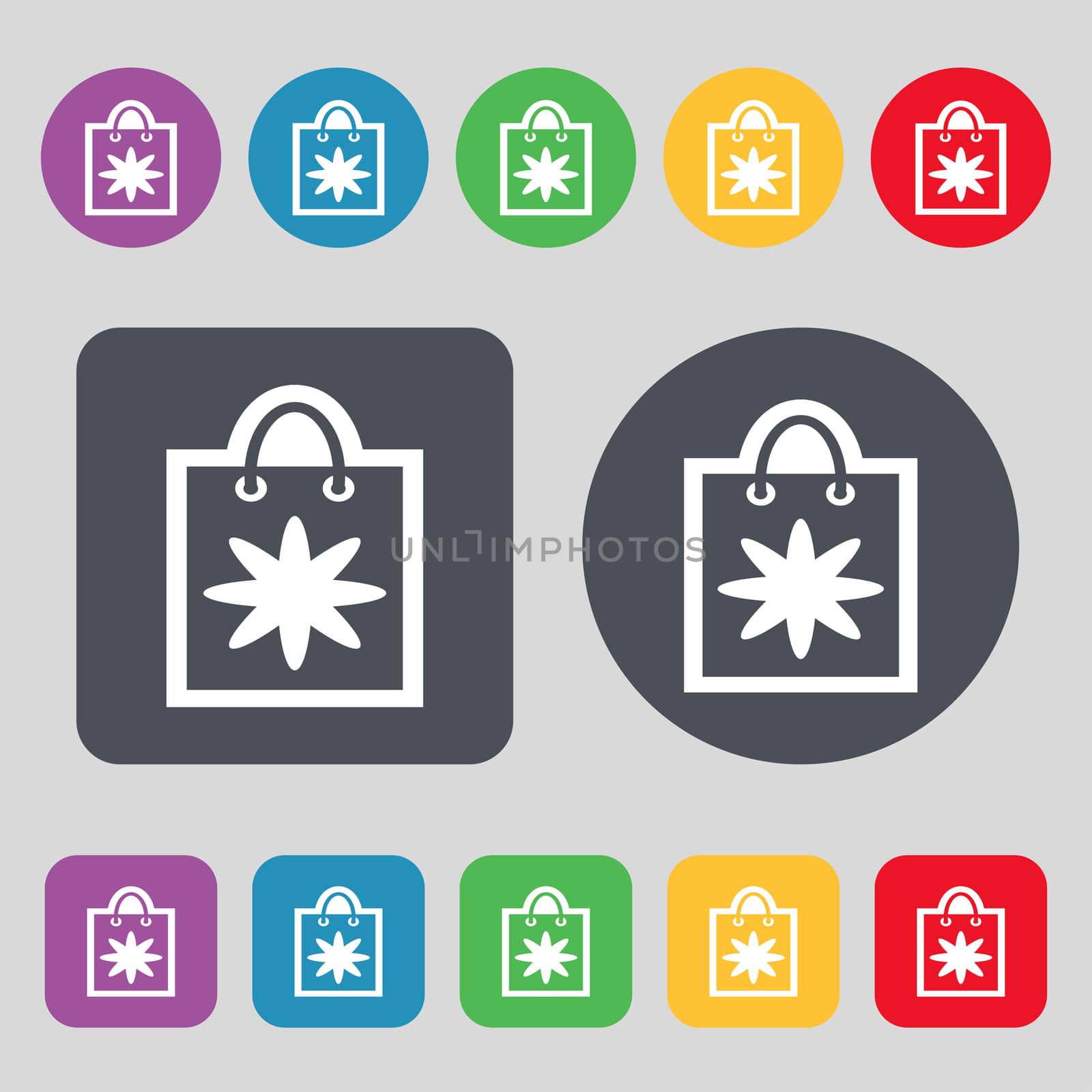 shopping bag icon sign. A set of 12 colored buttons. Flat design. illustration