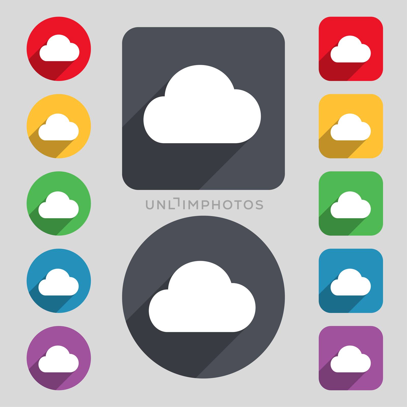 cloud icon sign. A set of 12 colored buttons and a long shadow. Flat design.  by serhii_lohvyniuk