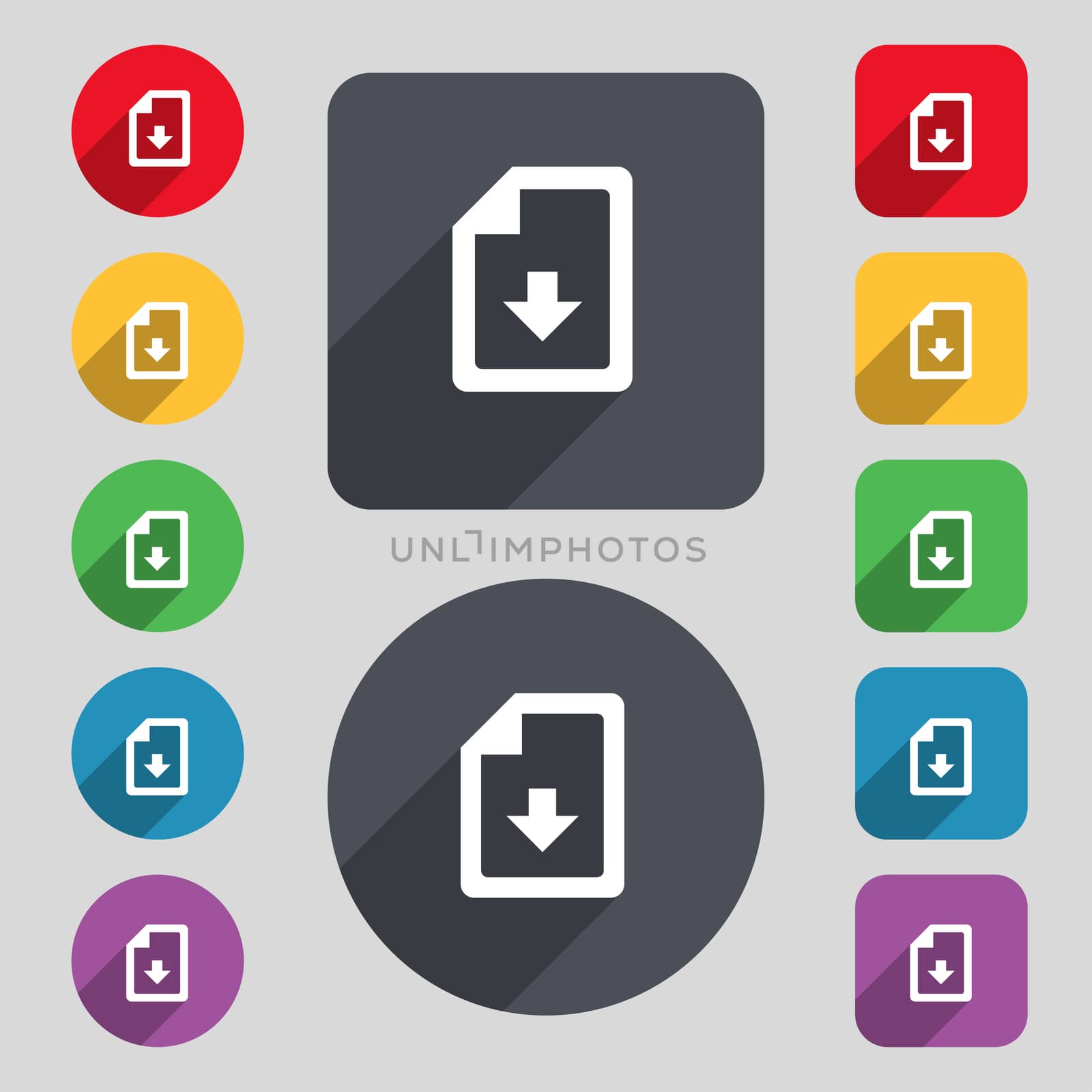 import, download file icon sign. A set of 12 colored buttons and a long shadow. Flat design. illustration